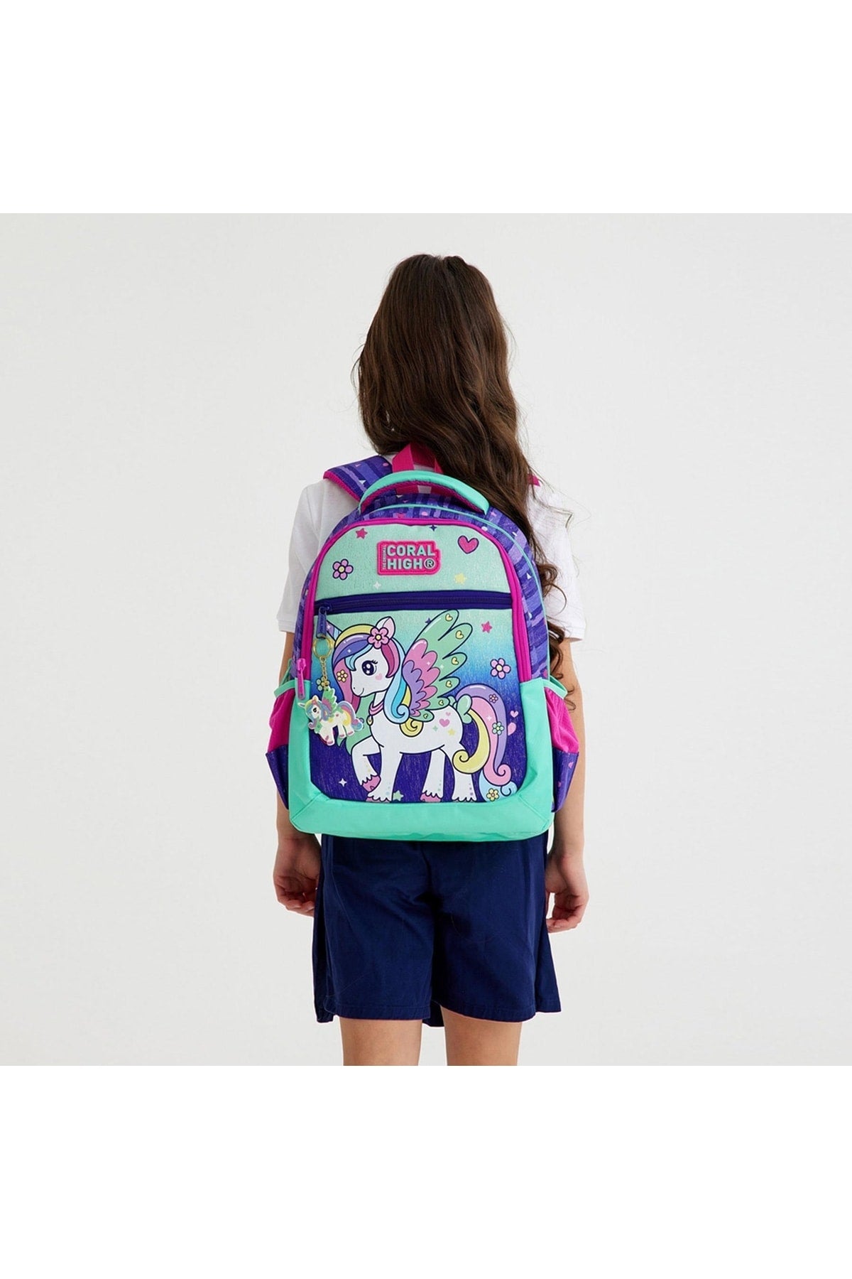 Kinder-Schulrucksack mit drei Fächern und Einhorn-Muster, Lila/Wassergrün, 23487