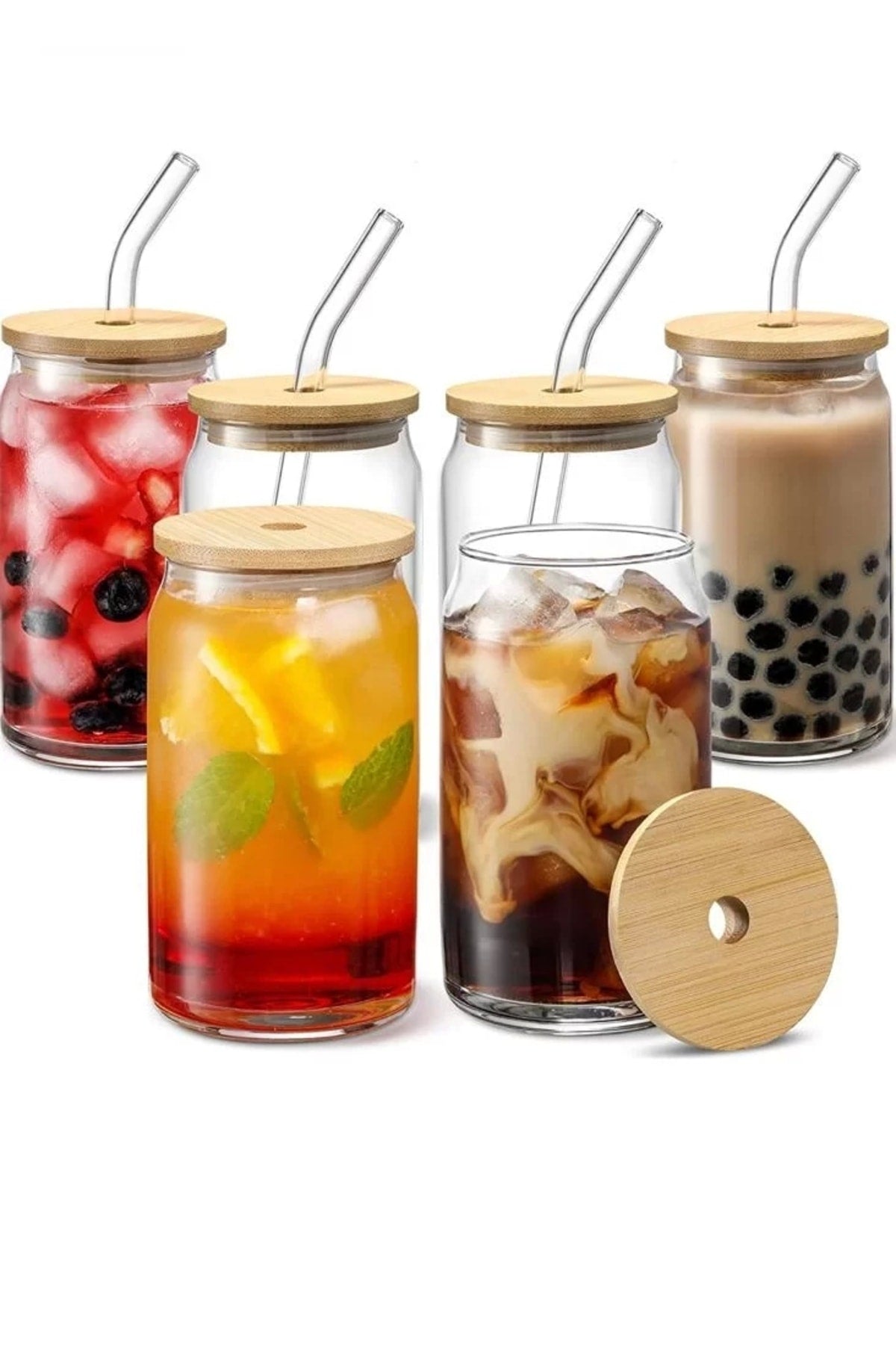 Hitzebeständiger Glasstrohhalm, Holzdeckel, Kaffee-/Saftbecher und 1 Bürste