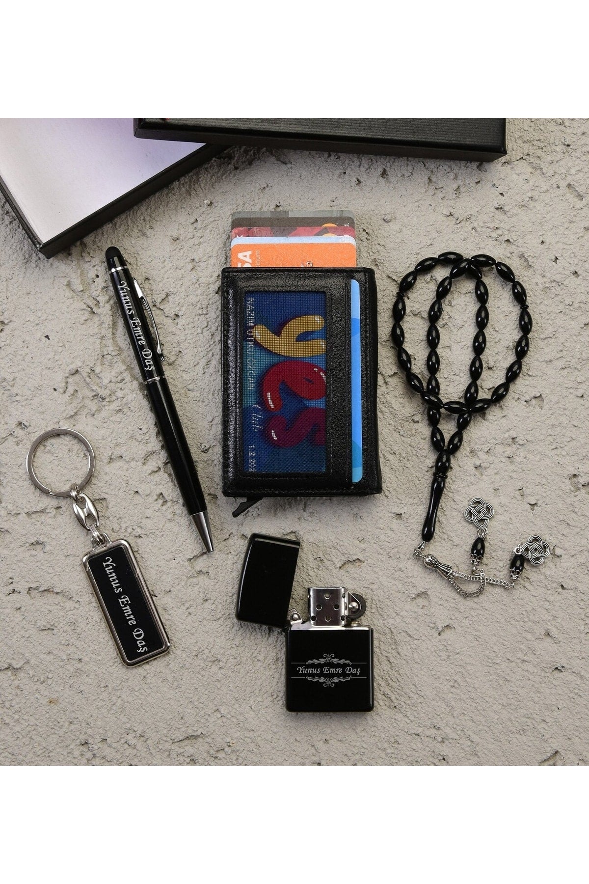 Personalisierter Mechanismus Leder Geldbörse Schlüsselanhänger Rosenkranz Stift und Feuerzeug Set