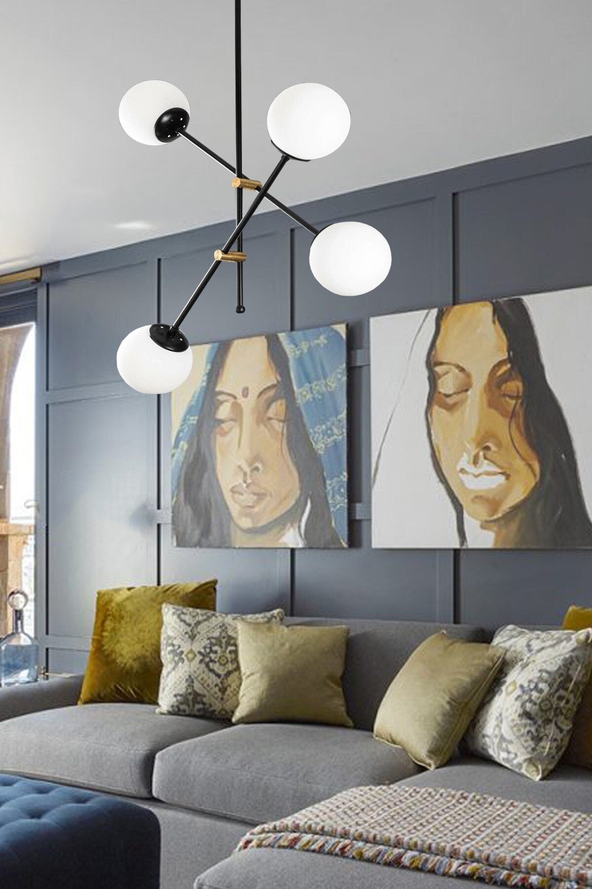 Delfina 4-teiliger schwarzer antiker Plafonier-Luxus-Kronleuchter-Glas