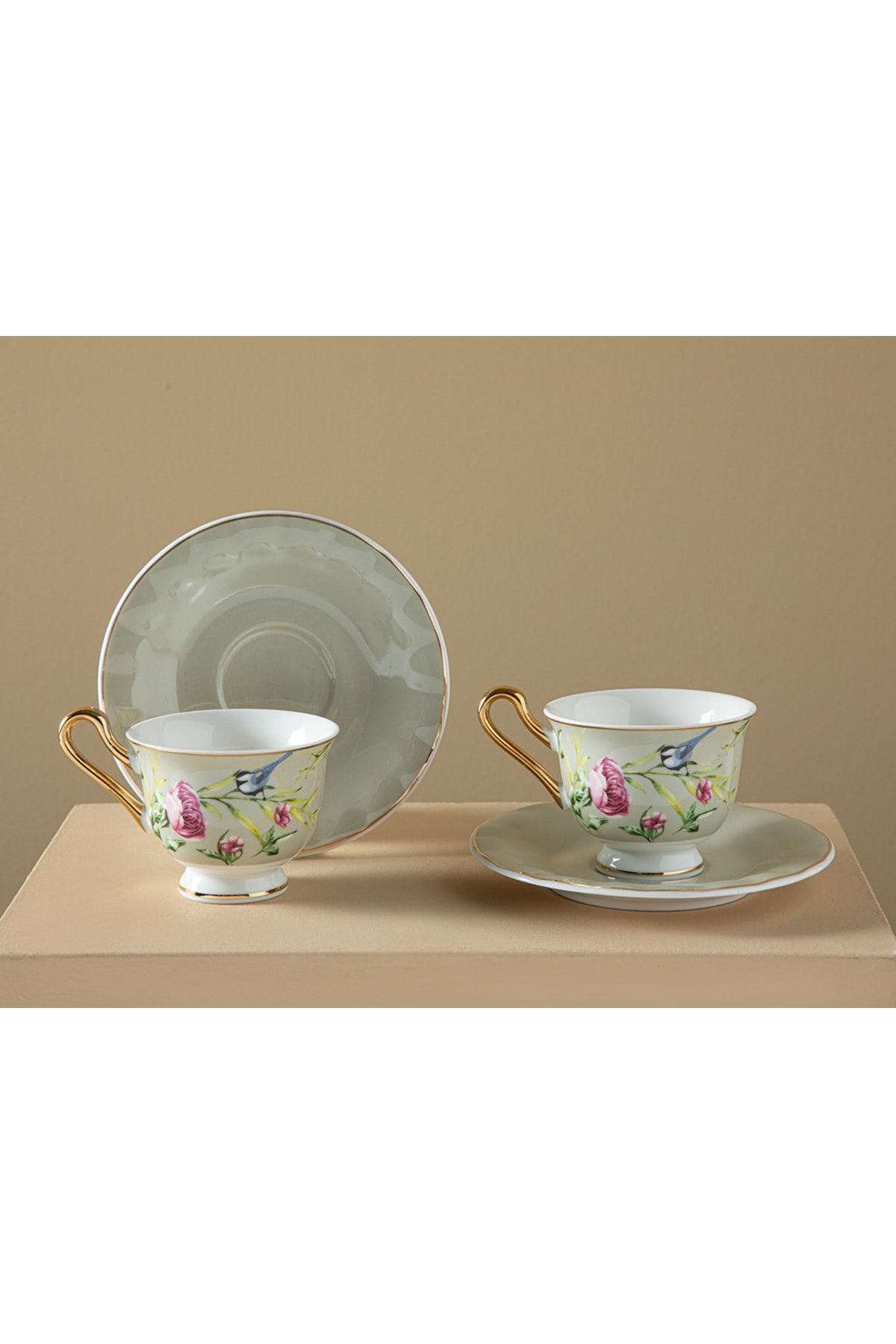 Vanilla New Bone China 4 Piece Coffee Cup Set For 2 Persons 90 Ml Light Gray