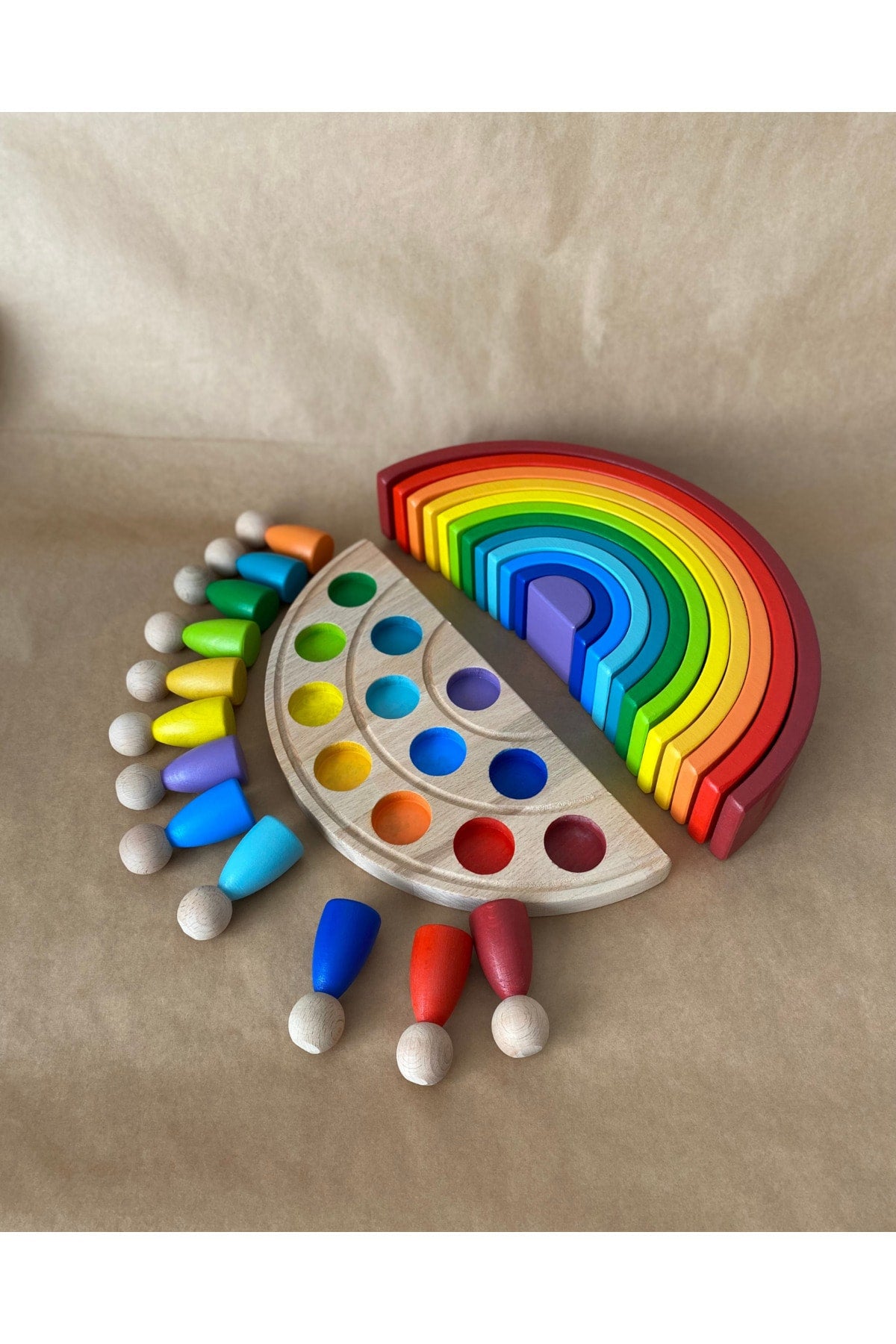 1 Year 12 Waldorf Rainbow Peg Baby Tray Set, Rainbow 12 Piece Color Matching Wooden Toy