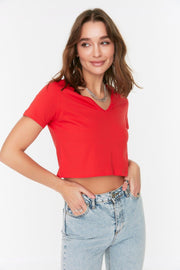Red 100% Cotton Crop V-Neck Knitted T-Shirt TWOSS22TS0551 - Swordslife
