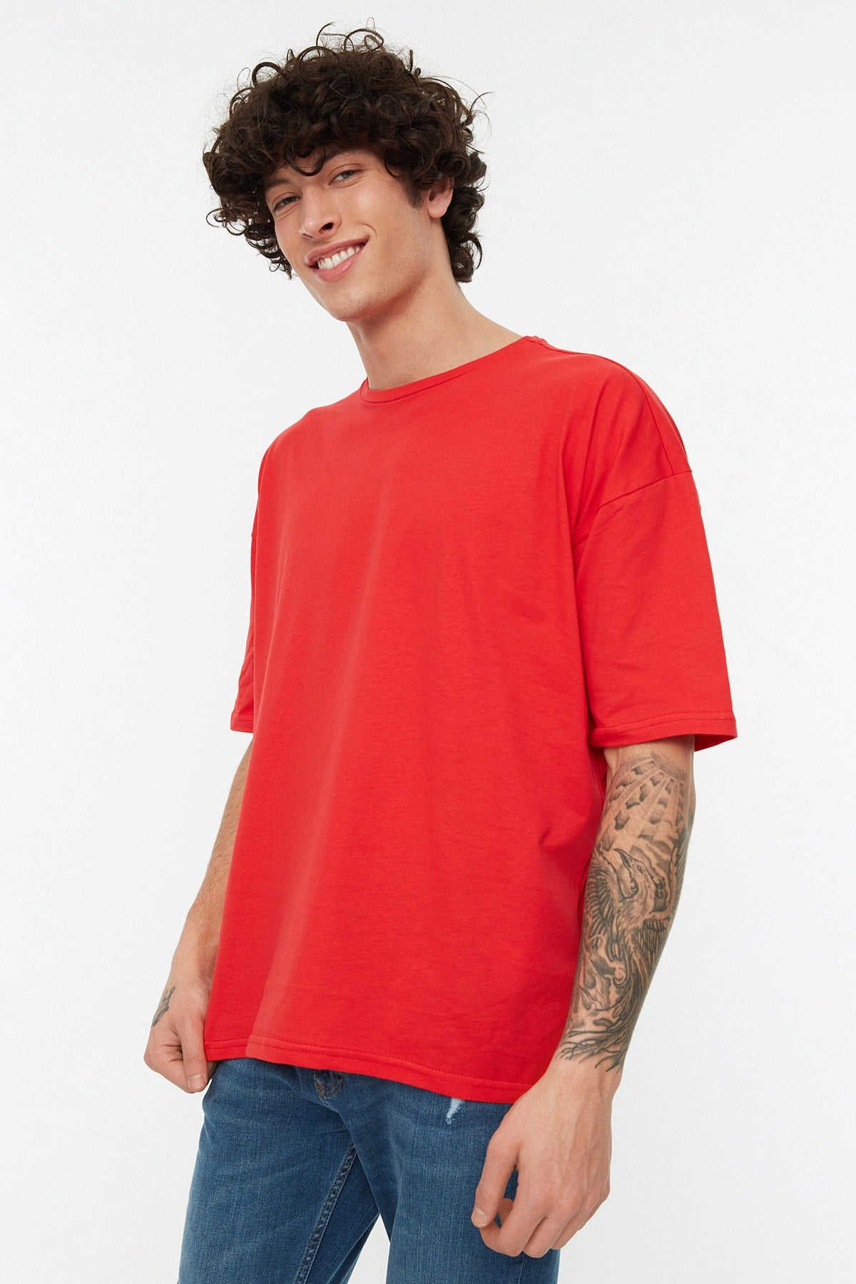 Red Men'S Basic 100% Cotton Crew Neck Oversize Short Sleeved T-Shirt