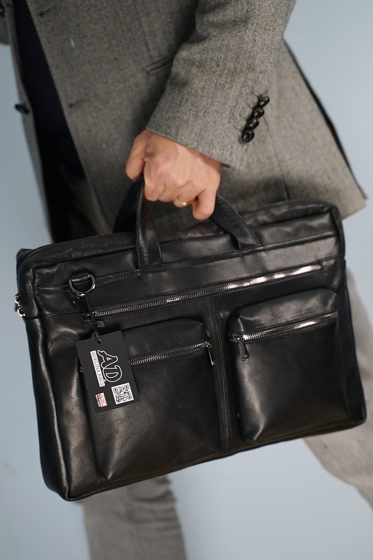 Herren Aktentasche aus schwarzem Echtleder, große Größe, Laptop-Hand- und Schultertasche