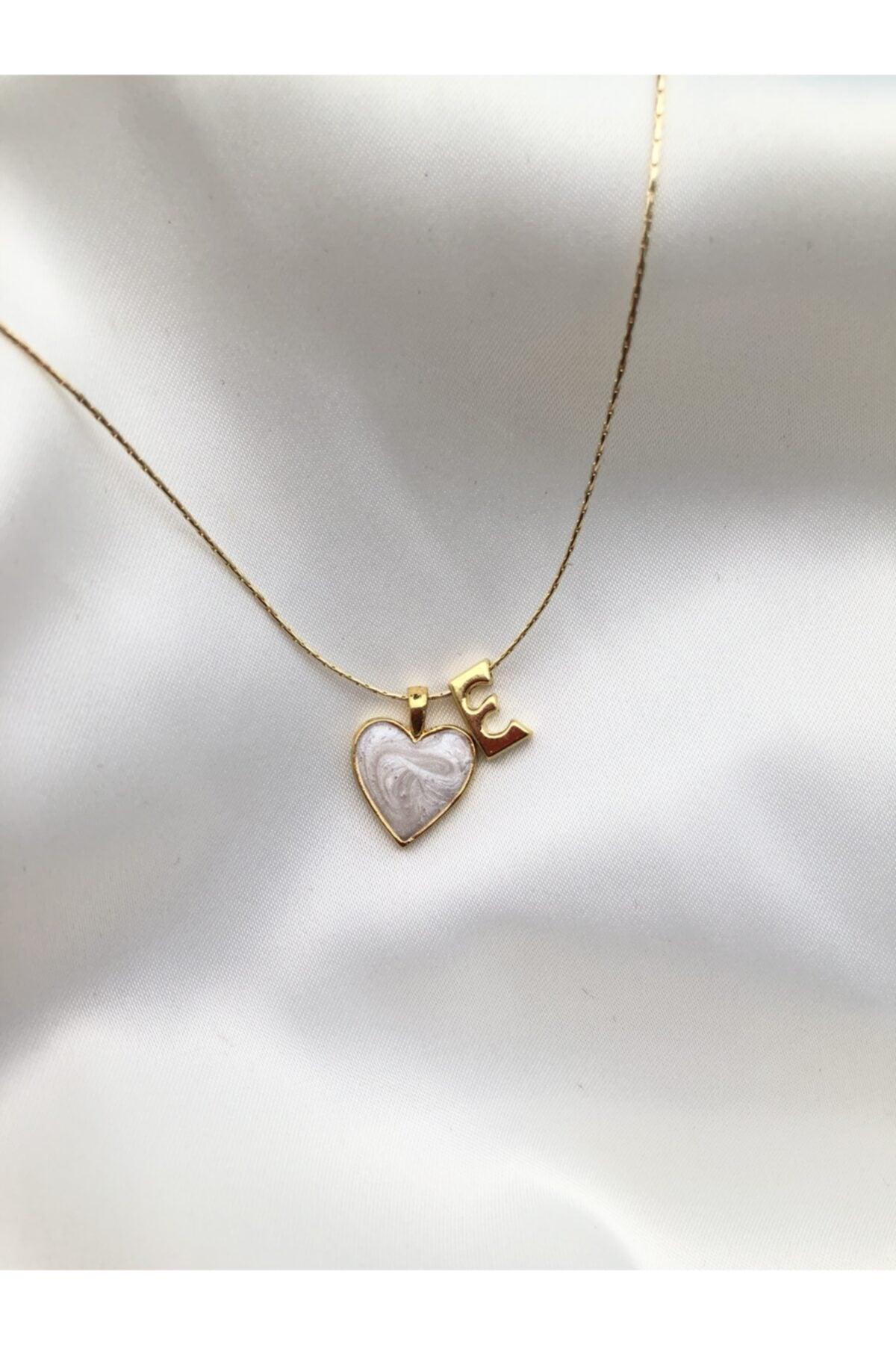 Women's Gold Plated Mother of Pearl Heart Letter E Necklace - Swordslife