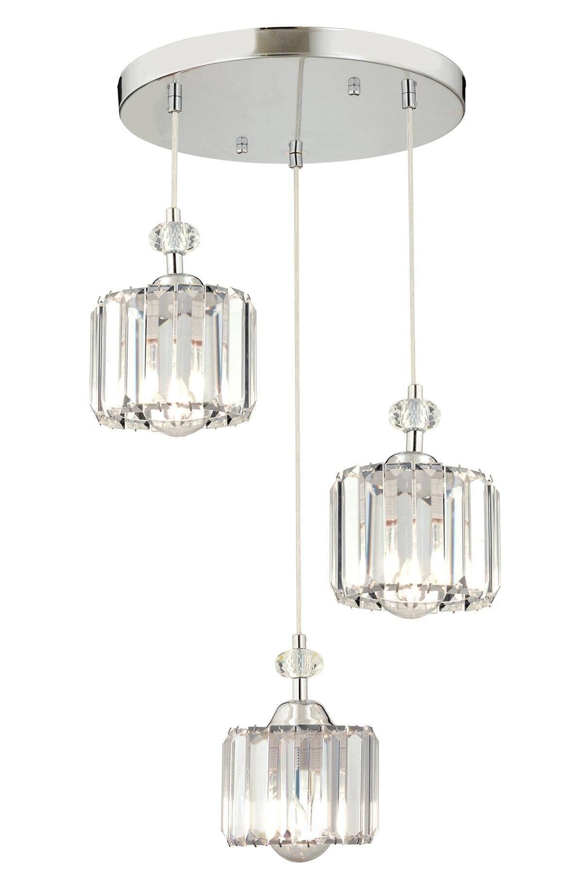 Saka 3-Piece Round Pendant Lamp With Chrome Crystal, Stone Modern Design Crystal Living Room Pendant Lamp Chandelier