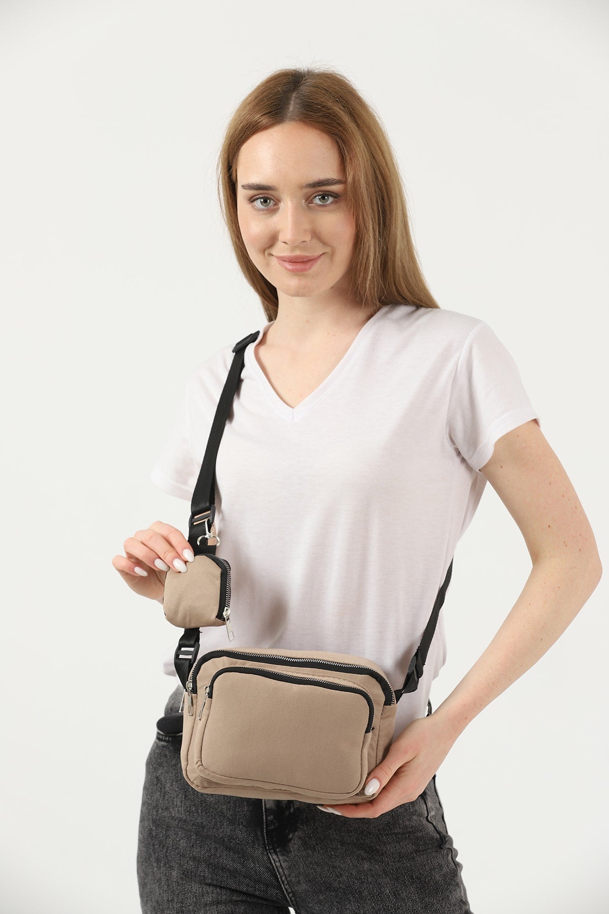 Mink U4 Canvas Damen Umhängetasche mit 2 Fächern und Geldbörse mit verstellbarem Riemen B:17 E:22 G:12