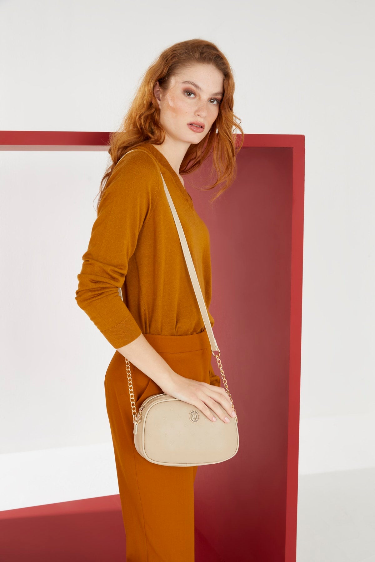 Print Sand Beige Damen Schultertasche 05Po22Y1543