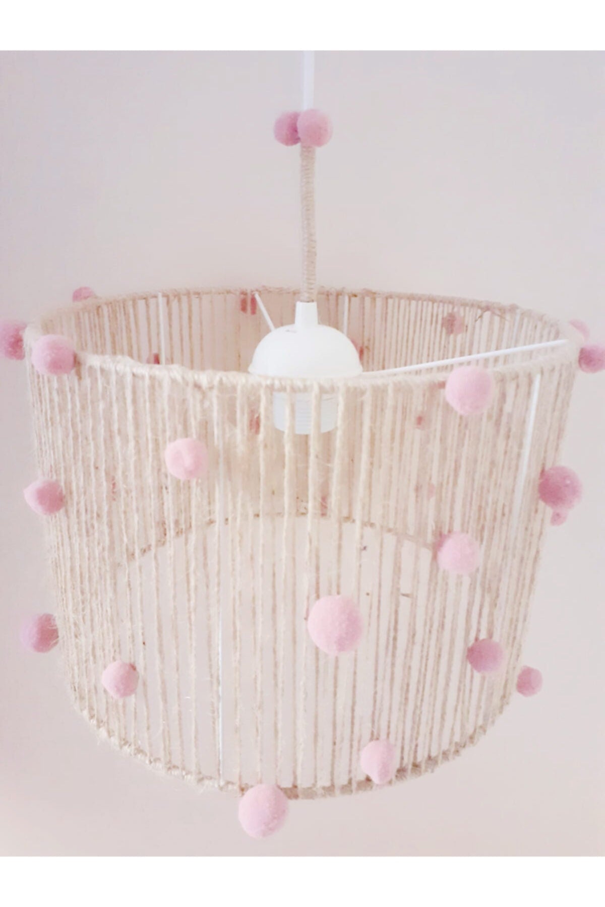 Wicker Rope Wrapped Pink Pompom Baby And Children'S Room Pendant Lamp Chandelier