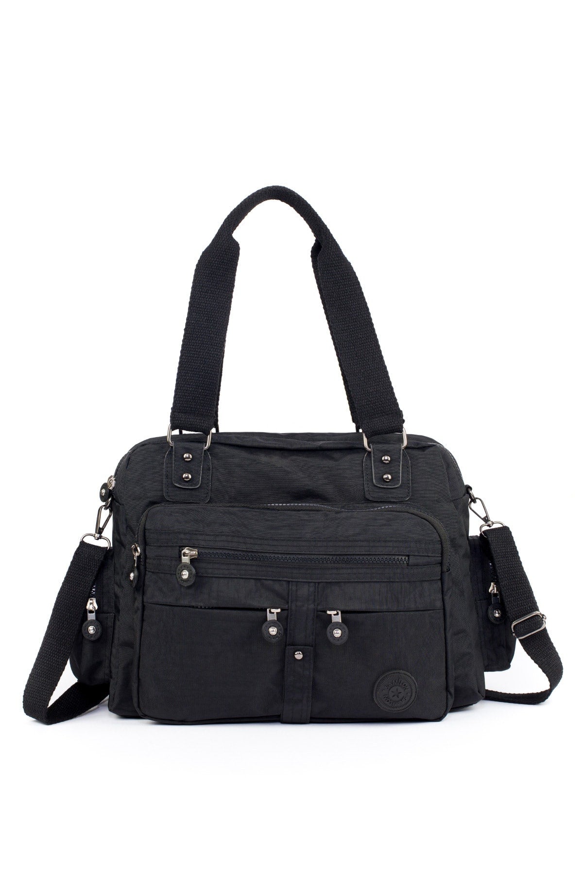 Schwarze Crinkle-Schultertasche mit mehreren Zellen für Damen