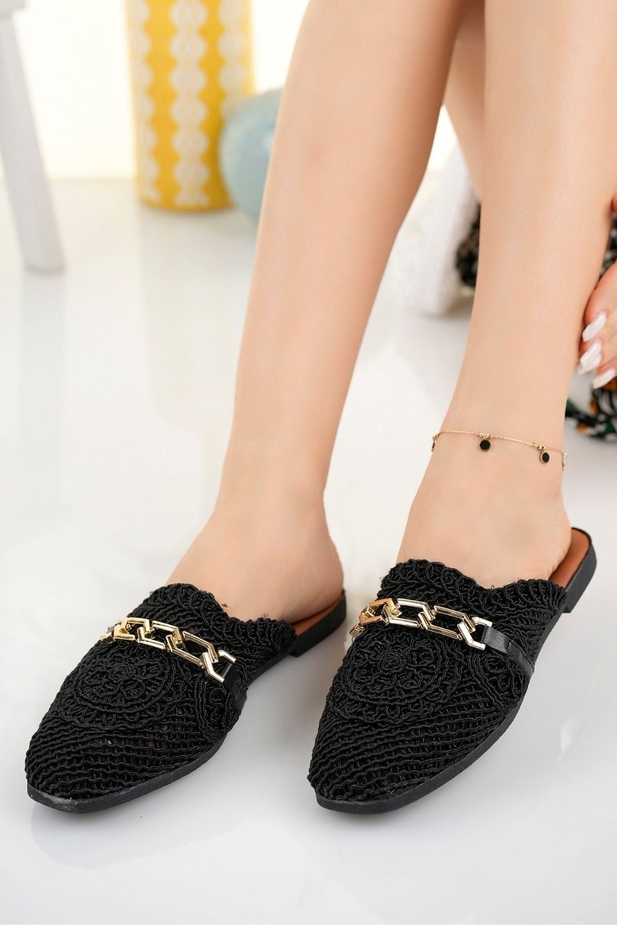 Women's Closed Front Straw Slippers Black Lace Knitted Chain Dowry Daily Slippers