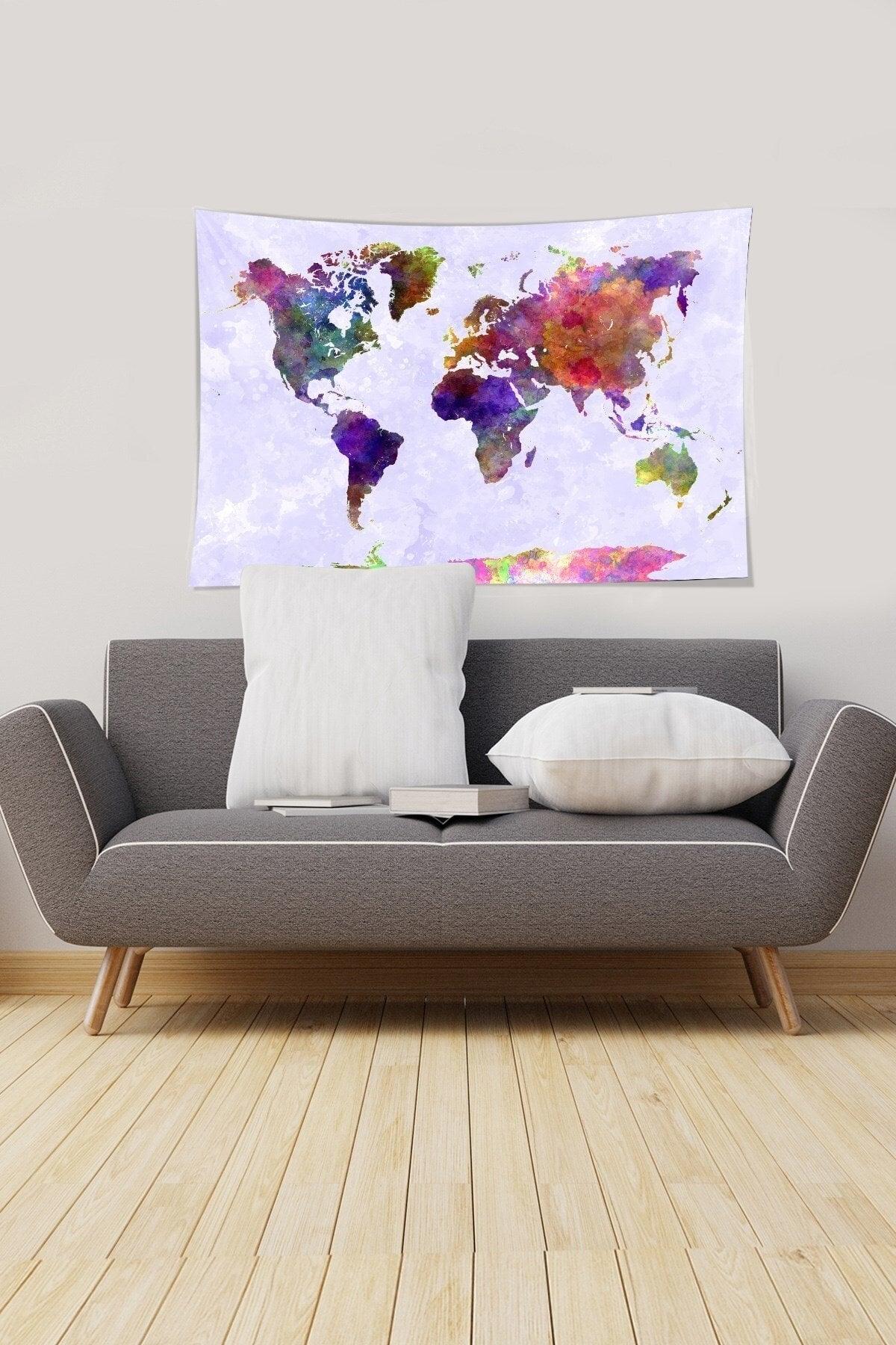 Lilac-blue World Map Patterned Stain Resistant Velvet Fabric Wall Covering Tapestry Tapestry - Swordslife