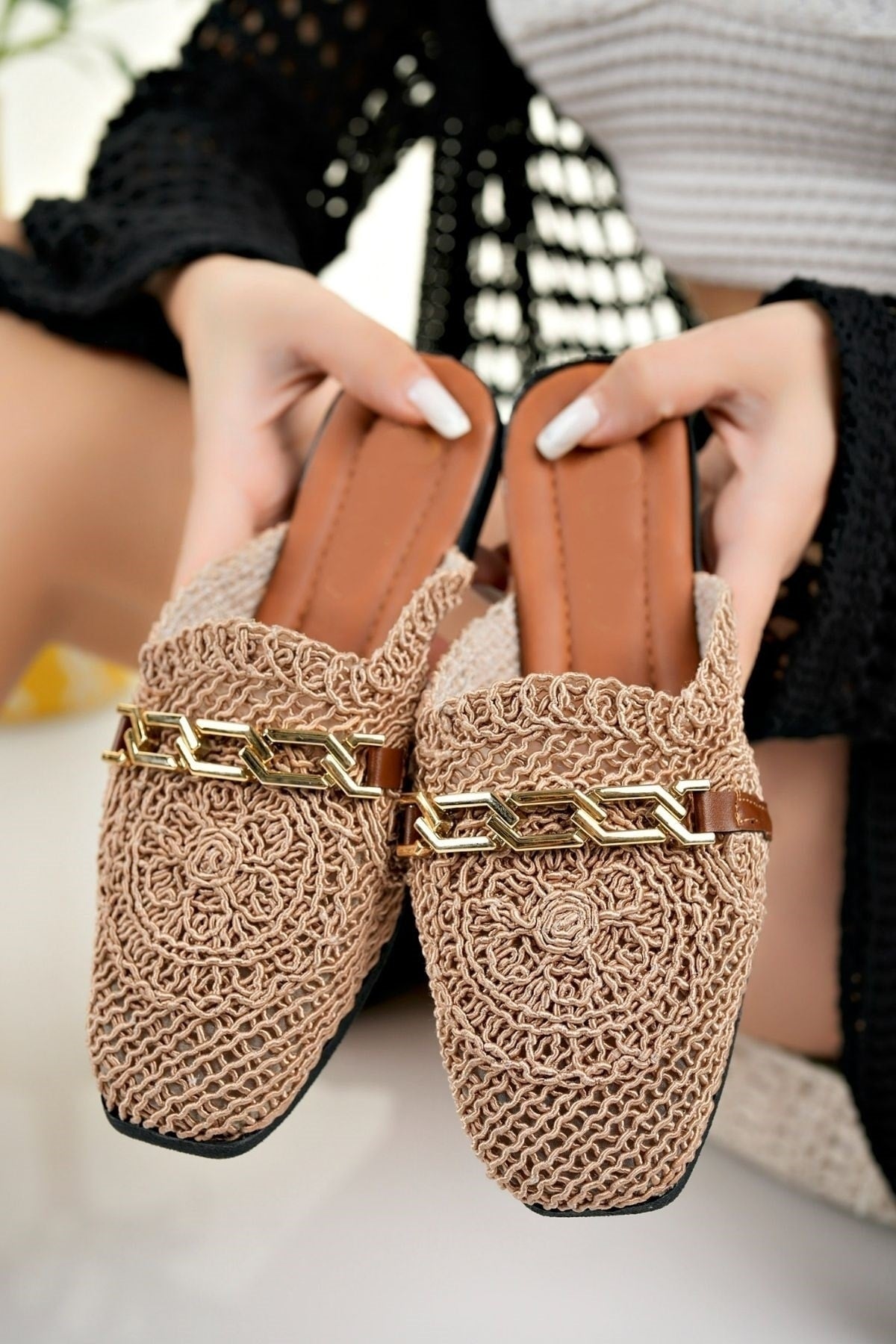 Women's Closed Front Straw Slippers Taba Lace Knitted Embroidered Dowry Daily Slippers