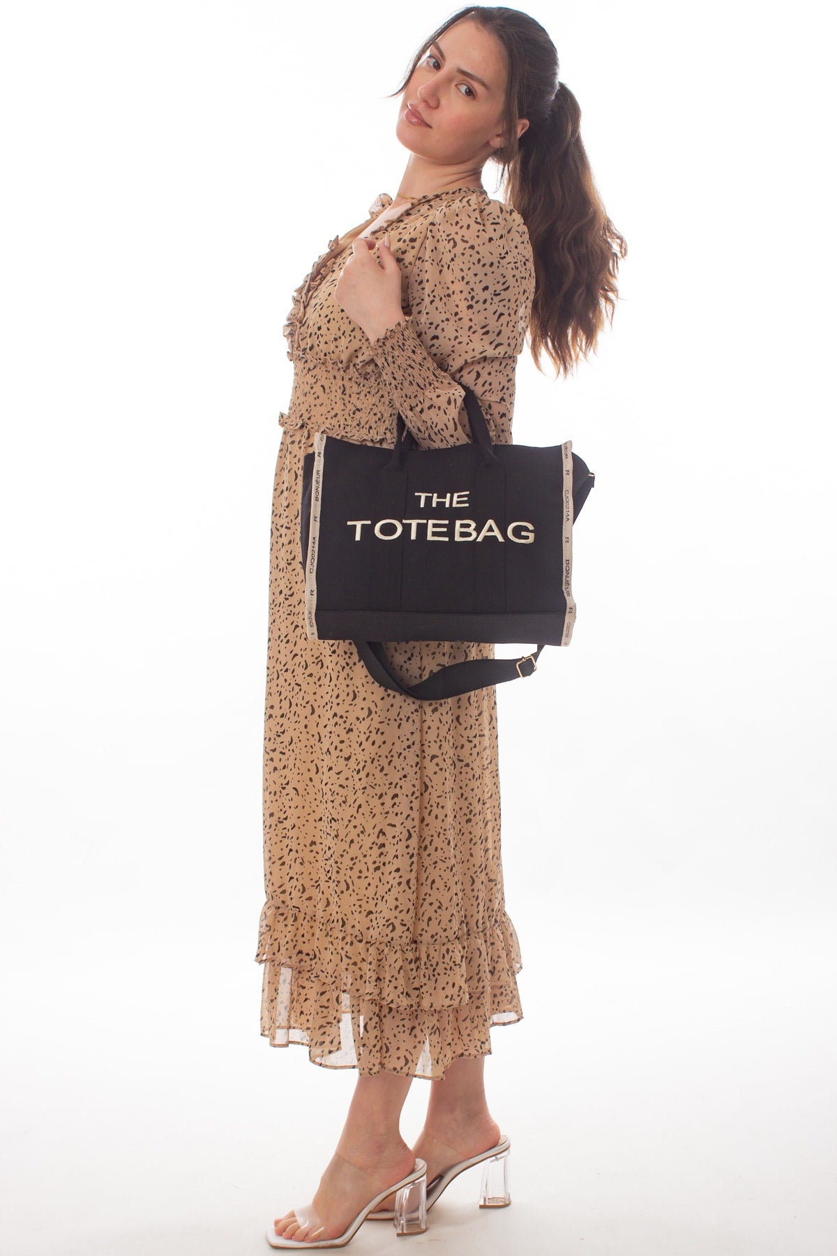 Women'S Black Tote Bag Canvas Long Strap Bag Shoulder Bag