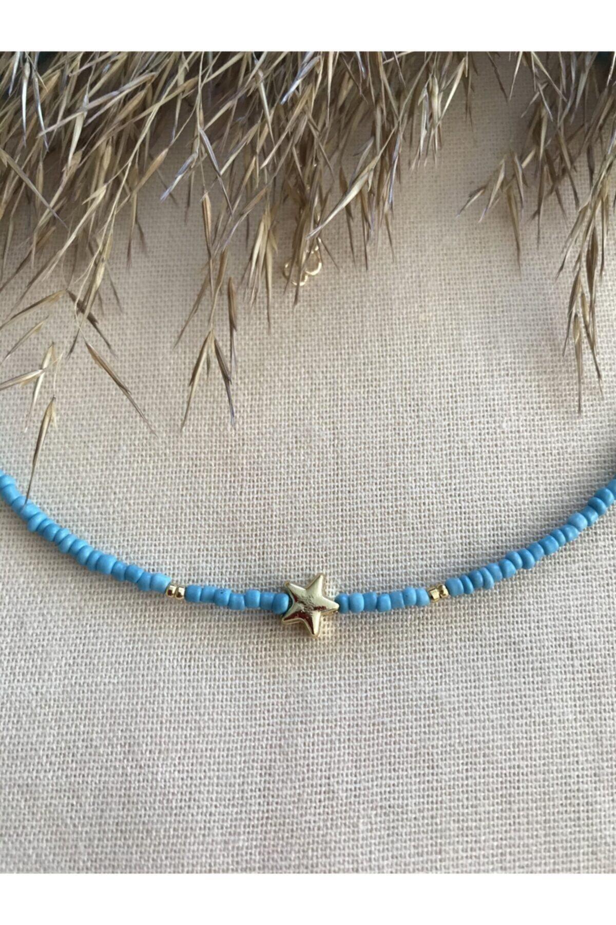 Blue Beaded Gold Star Pendant Necklace - Swordslife