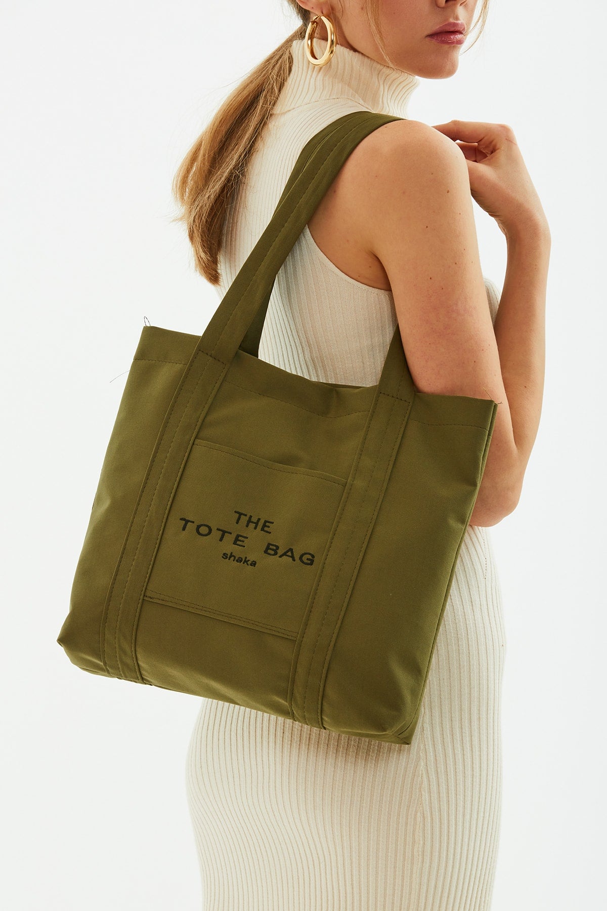 Khakigrüne U46-Einkaufstasche mit Druckknopfverschluss vorne, detaillierte bestickte Canvas-Arm- und Schultertasche für Damen U