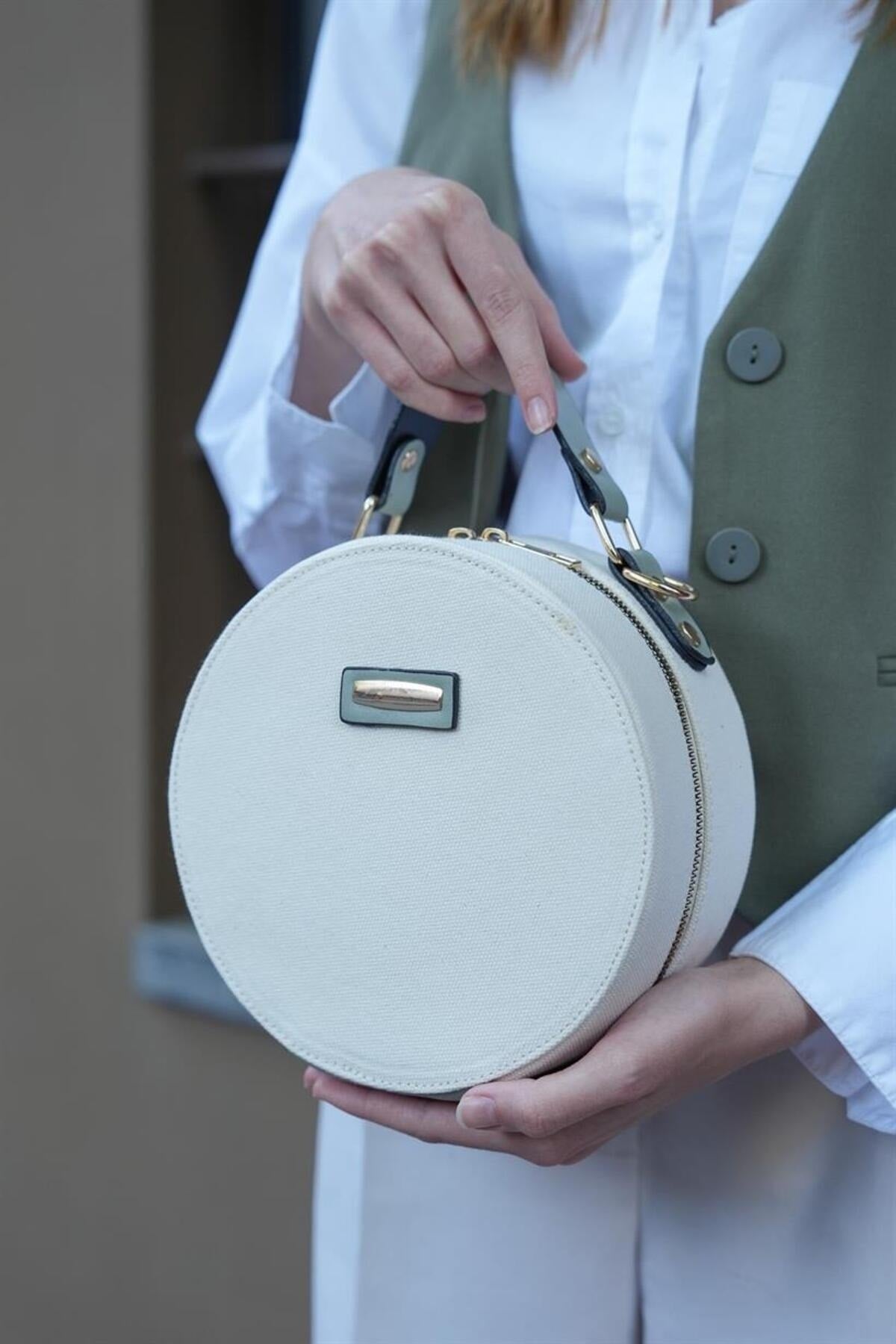 Canvas - Creme Mint Damen Runde Umhängetasche