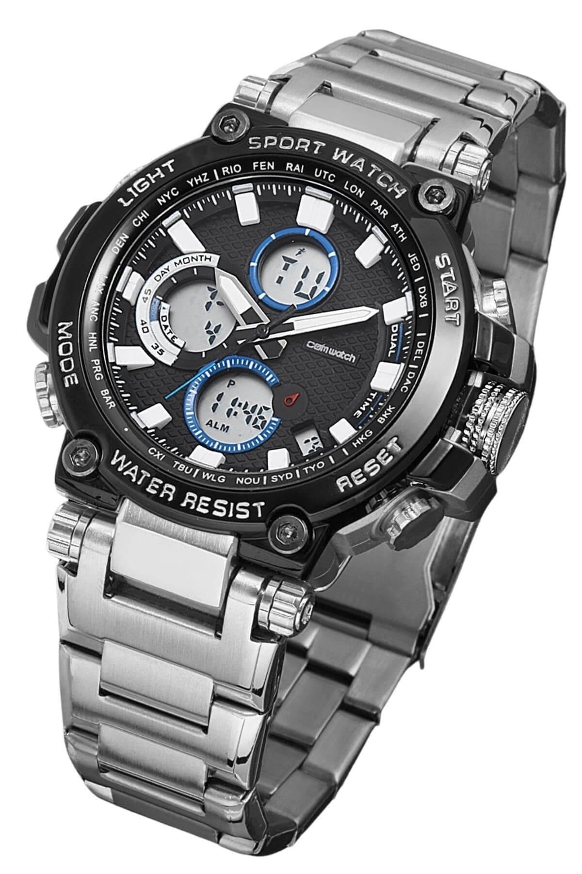 Digital Analog Mechanismus Stahl Band Silber Schwarz Farbe Herren Sport Armbanduhr 1913-Sbm