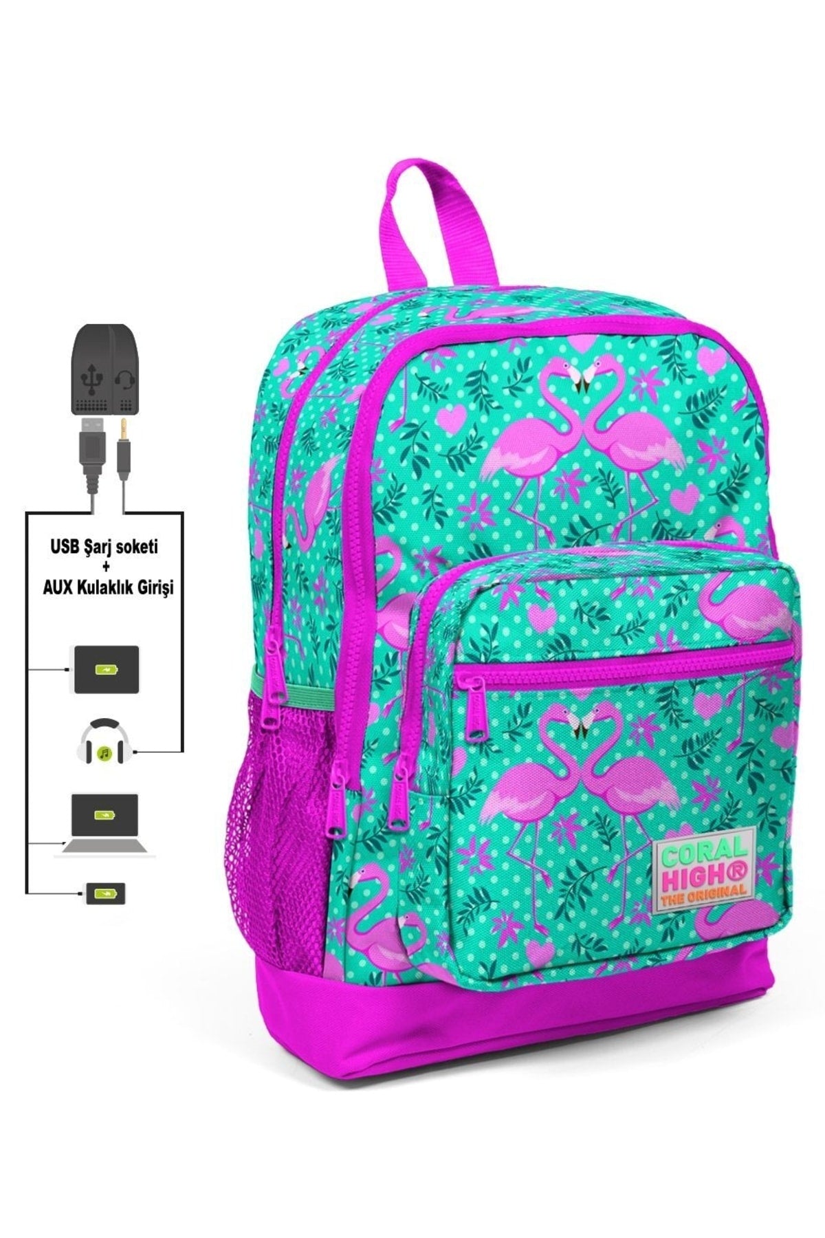 Grundschulranzen-Set für Mädchen mit grünem Flamingo-Aufdruck – USB-Ausgang