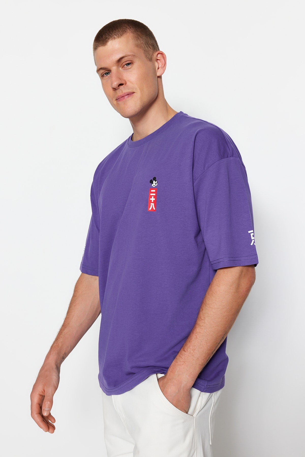 Purple Men'S Oversize Crew Neck Short Sleeve Printed Mickey Mouse Printed Licensed T-Shirt