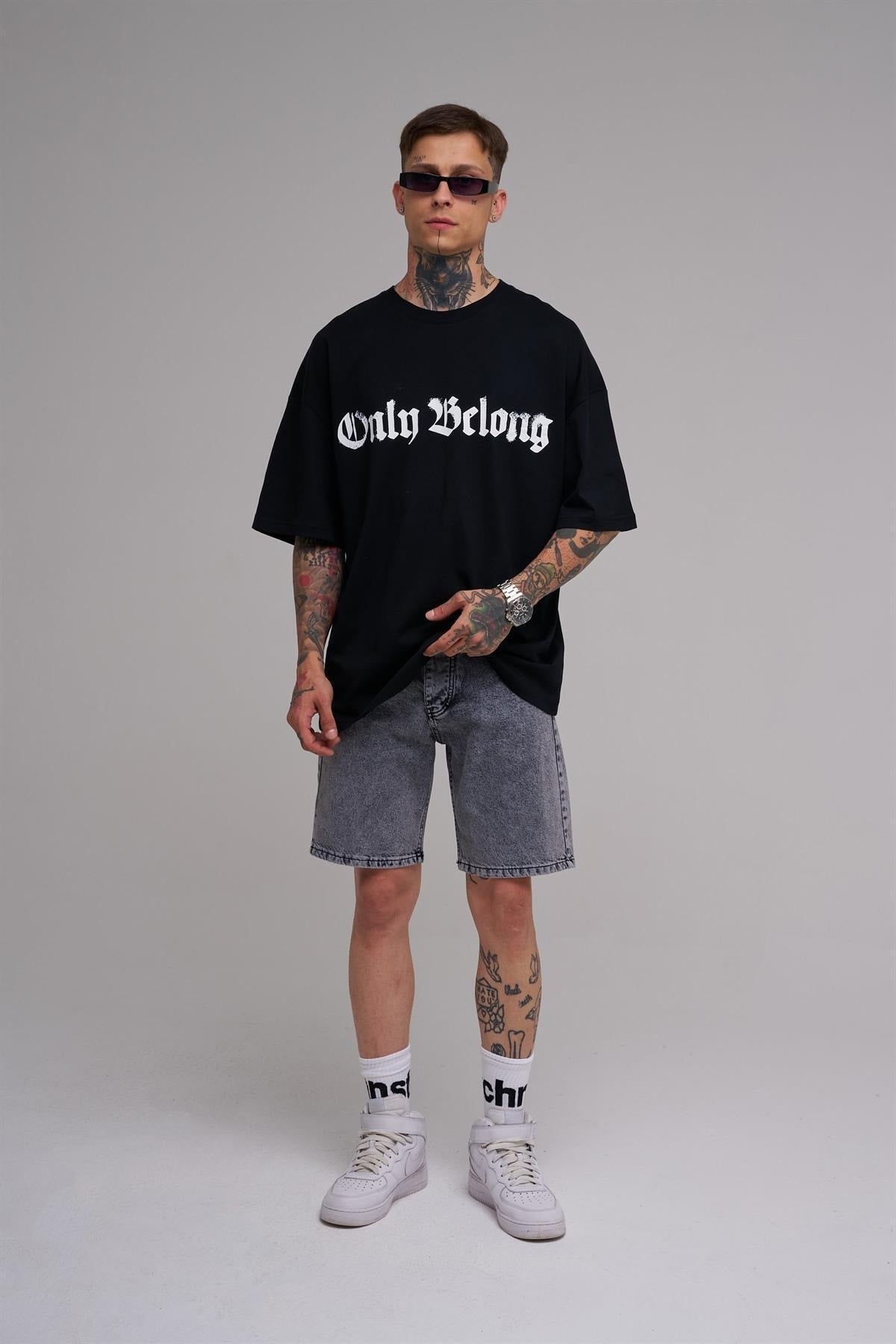 Unisex Large Size Only Belong Printed Cotton T-Shirt Black