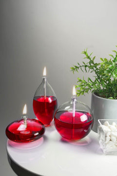 Hand‑Blown Glass Oil Lamp Set – Red, Sphere, Barrel and Ellipse with 750 ml Oil Reservoir