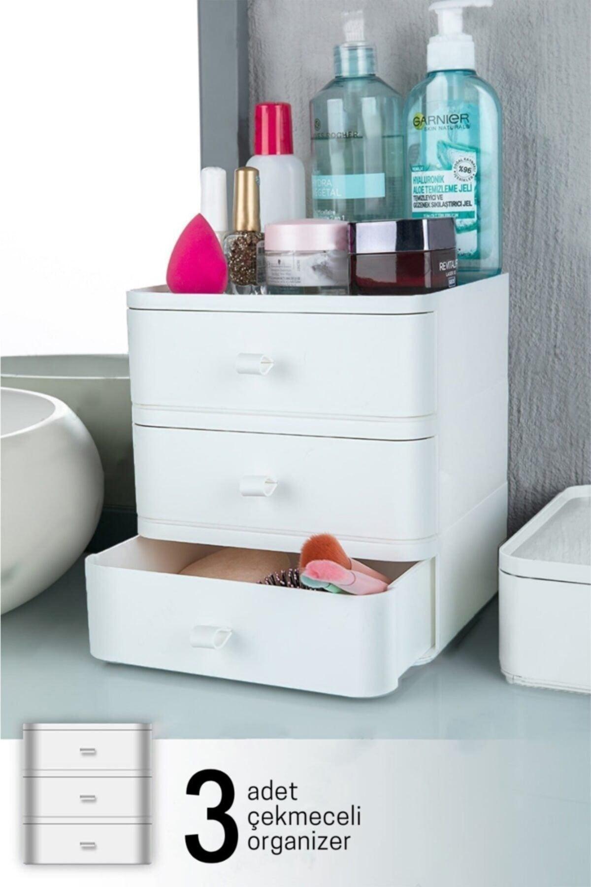 3 Pcs Jewelry, Makeup And Cosmetics Organizer Drawer, Office Desk Organizer, White - Swordslife