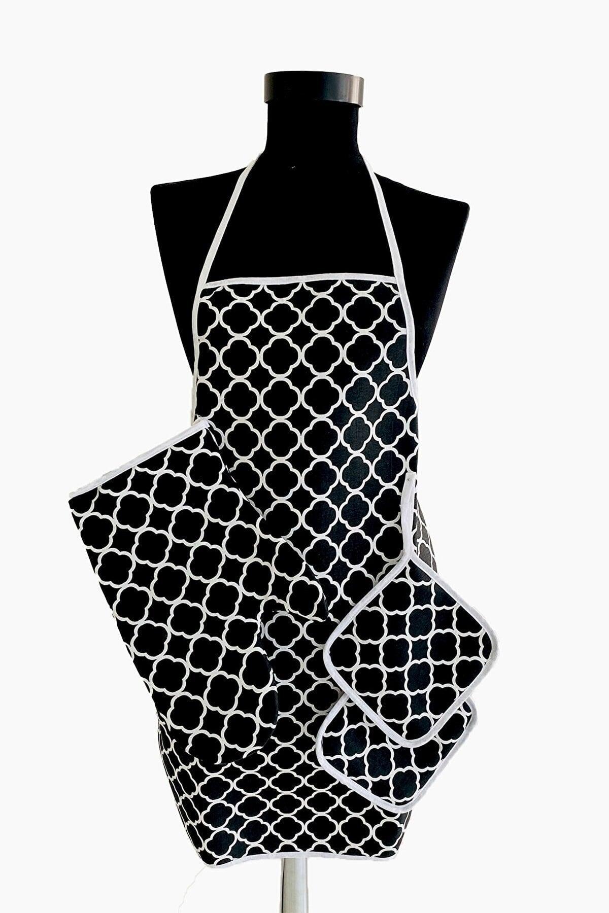 3 Pieces Black and White Apron Set Waterproof Apron Heat Proof Gloves And Grip Set - Swordslife