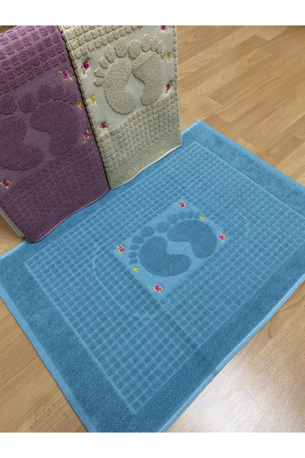 3 Pieces 100% Cotton Cappucino*Plum*Petrol Blue Color Embroidered Foot Towel 100% Cotton Size:50x70 - Swordslife