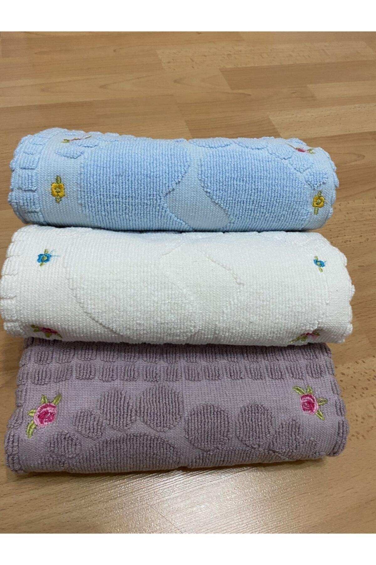 3 Pieces Cream*Plum*Blue Color Embroidered Foot Towel 100% Cotton Size:50x70 - Swordslife