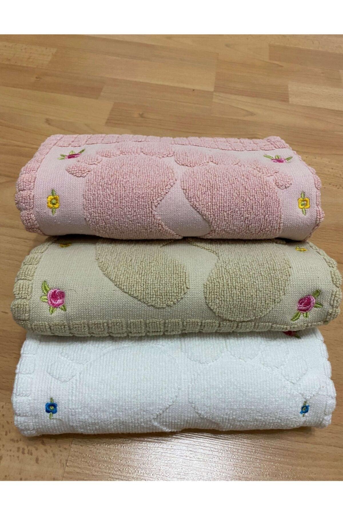 3 Pieces Powder*cream*brown Color Embroidered Foot Towel 100% Cotton Size: 50x70 - Swordslife