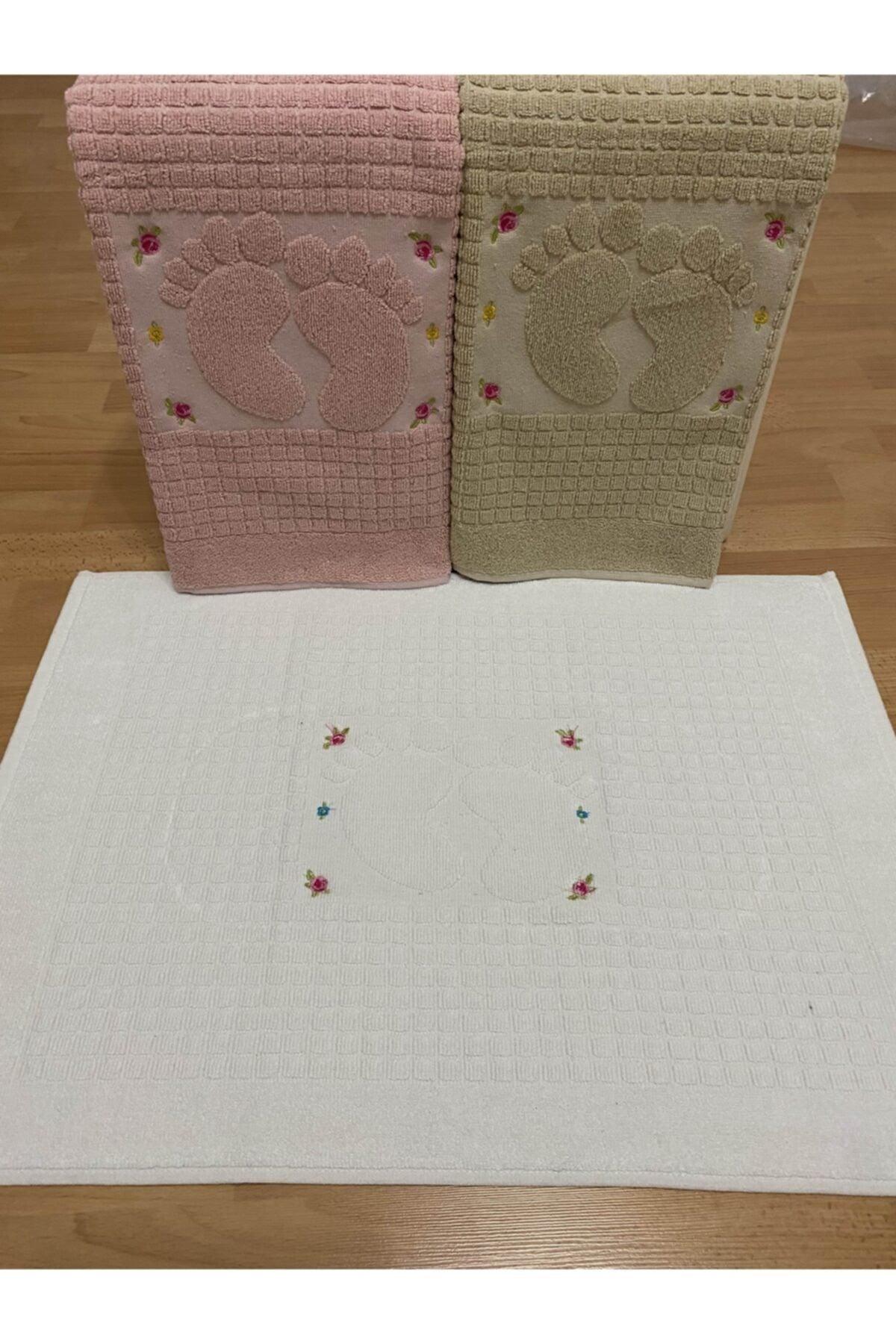 3 Pieces Powder*cream*brown Color Embroidered Foot Towel 100% Cotton Size: 50x70 - Swordslife