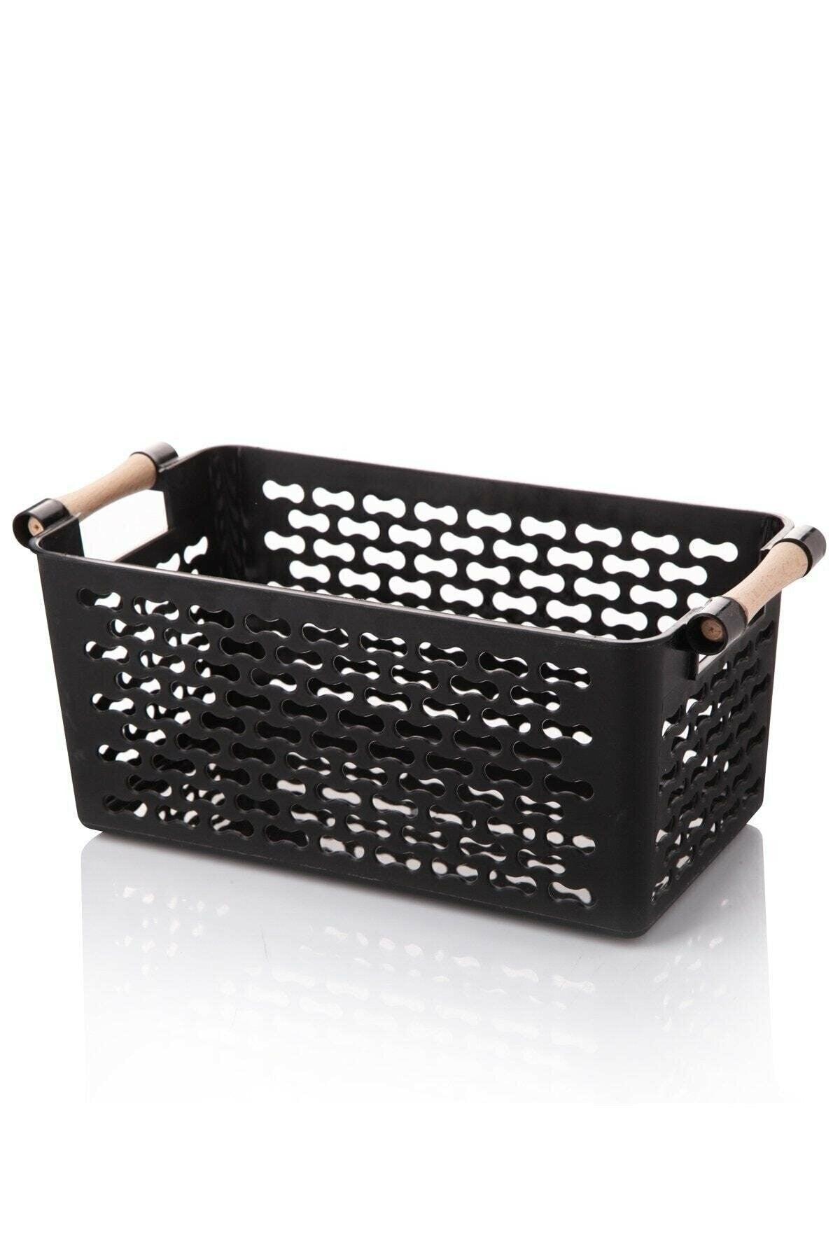30cm Plastic Organizer Basket With Wooden Handle Black 1 Piece - Swordslife
