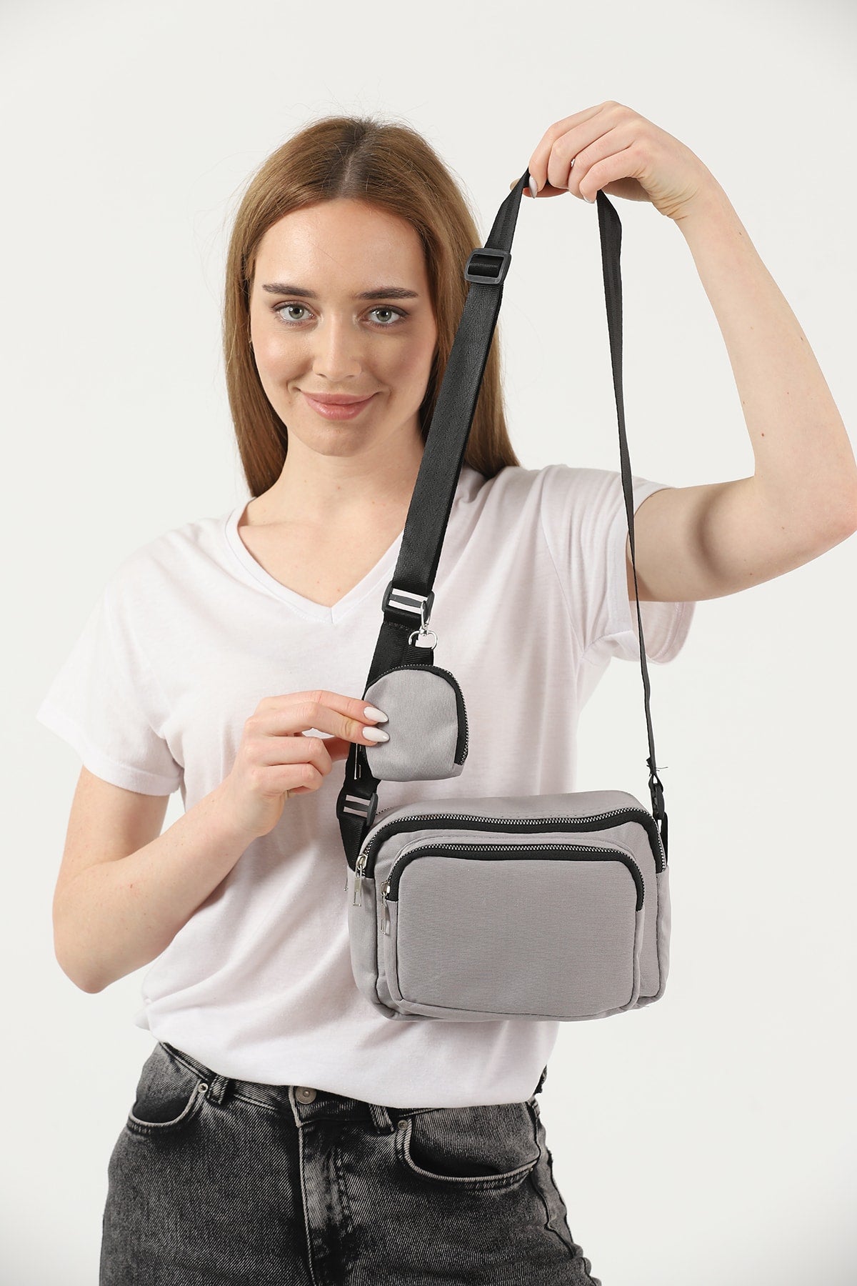 Light Gray U4 Canvas Women'S Cross Shoulder Bag With 2 Compartments And Wallet With Adjustable Strap B:17 E:22 G: