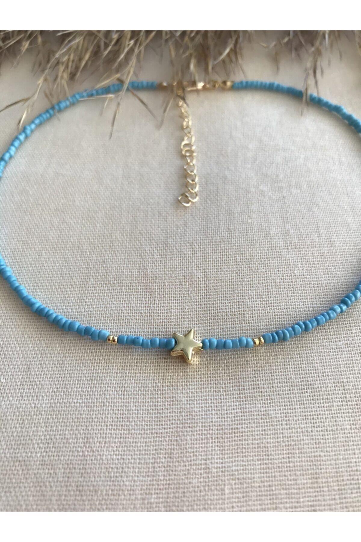 Blue Beaded Gold Star Pendant Necklace - Swordslife