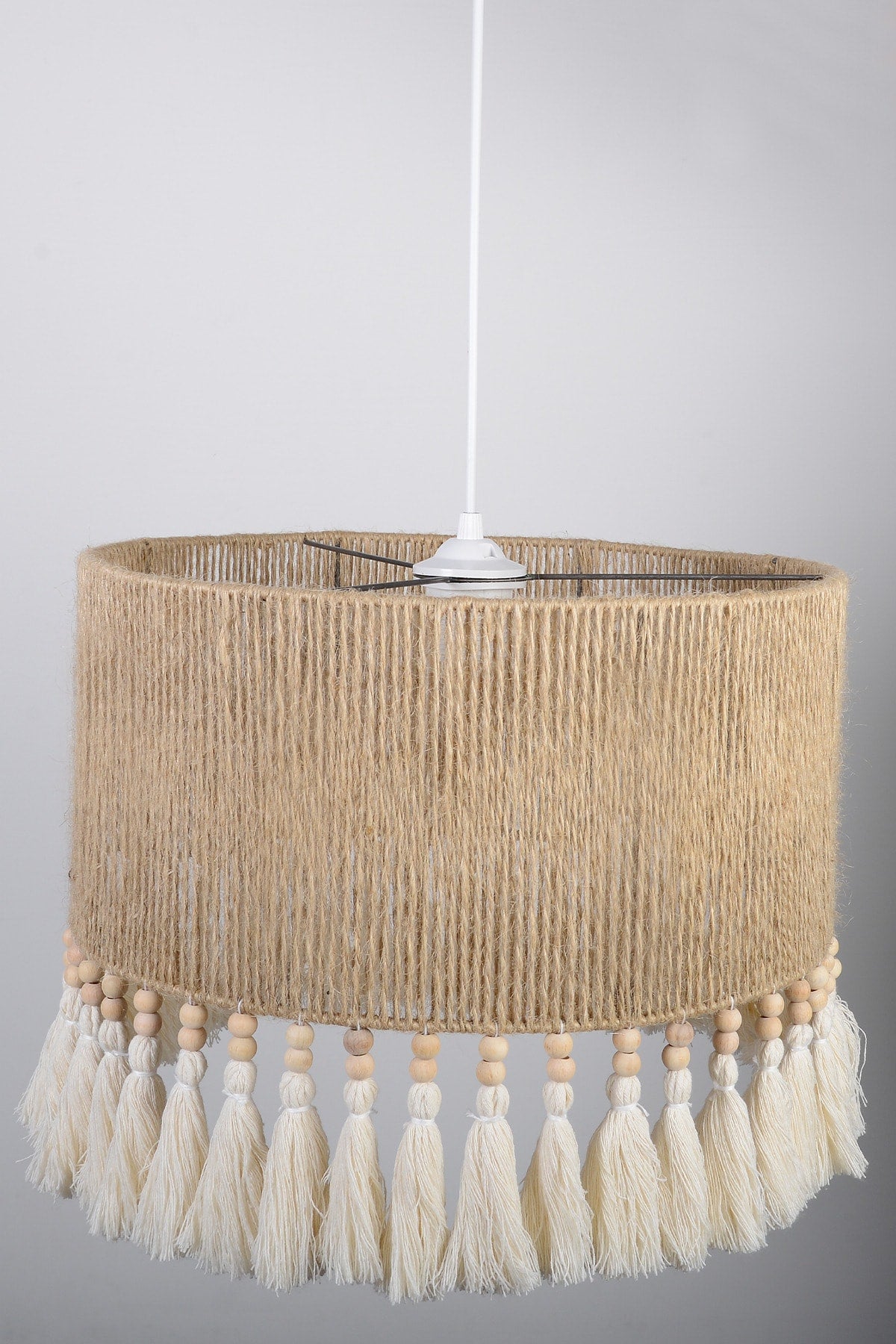 Makramee-Quasten, zweireihig, Holzperlen, Juteseil, Bohemian-Stil, handgefertigt, rustikal, natürliche Beleuchtung, Kronleuchter, Modell 10