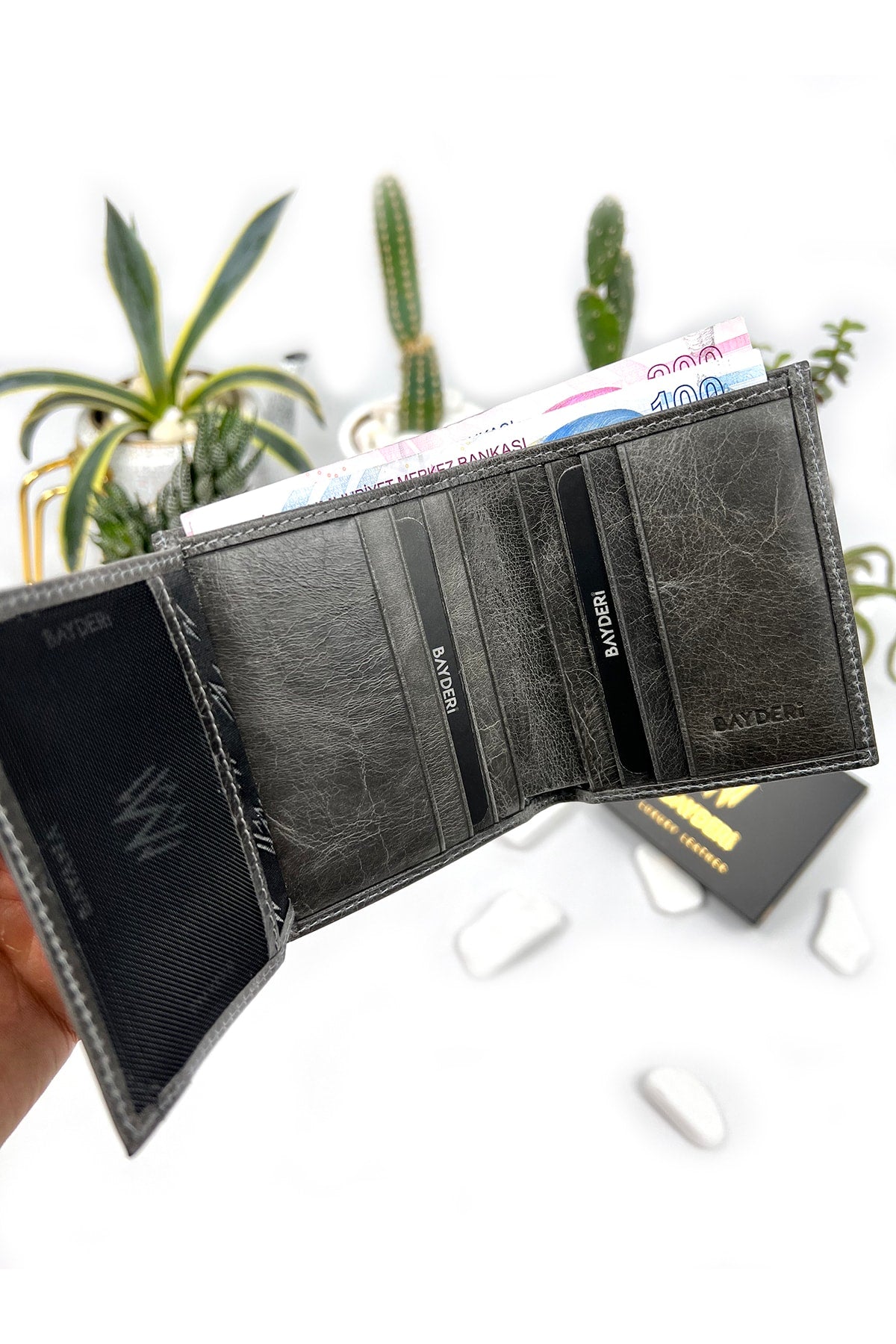 Echtes Leder getrommelt grau sanfte handliche Herren Brieftasche