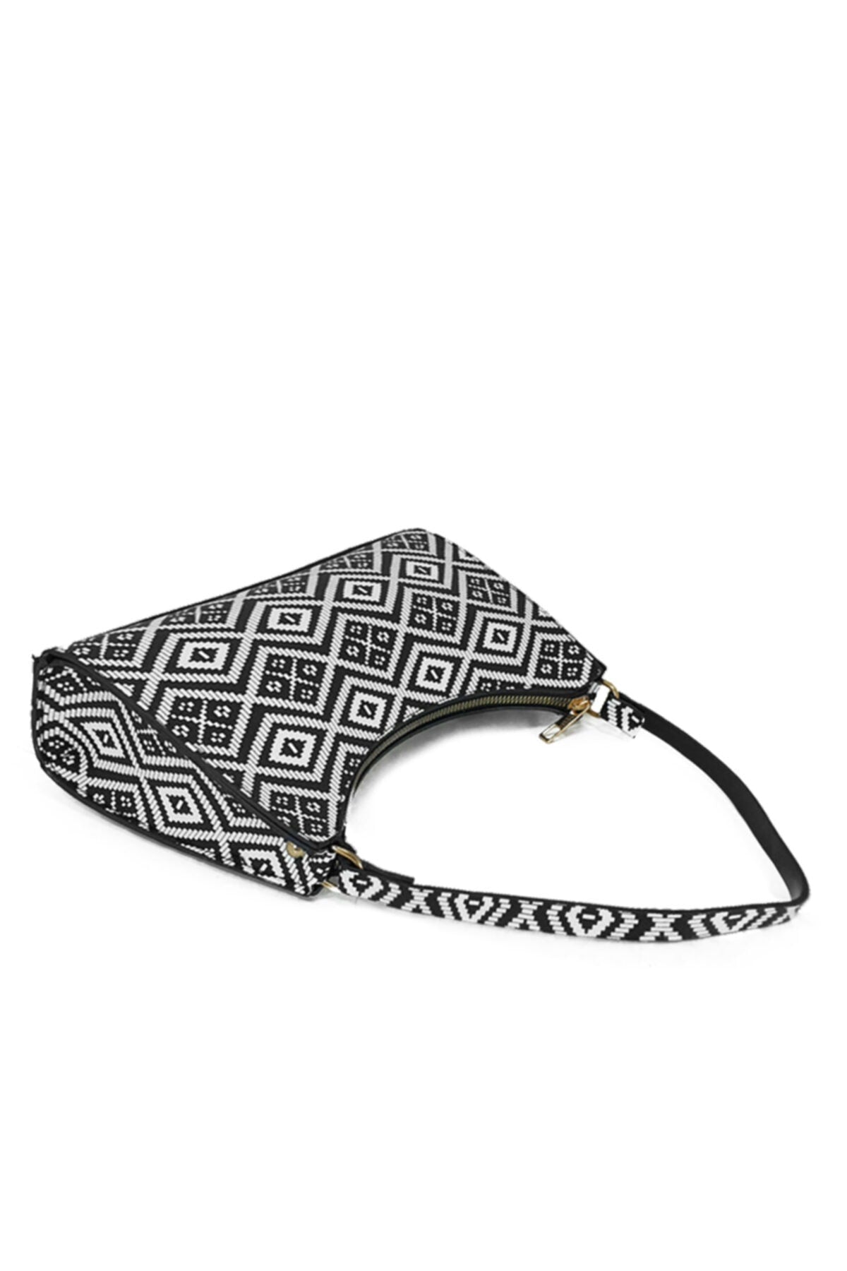 Damen Schwarz Weiß Geometrisch Gemusterte Baguette Baguette Hand- Und Schultertasche Gc0090Geometric