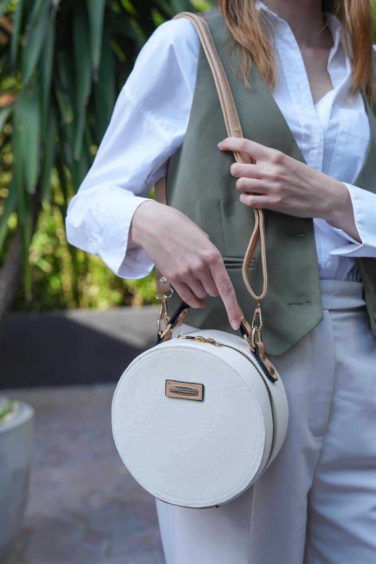 Canvas - Creme Camel Damen Runde Umhängetasche