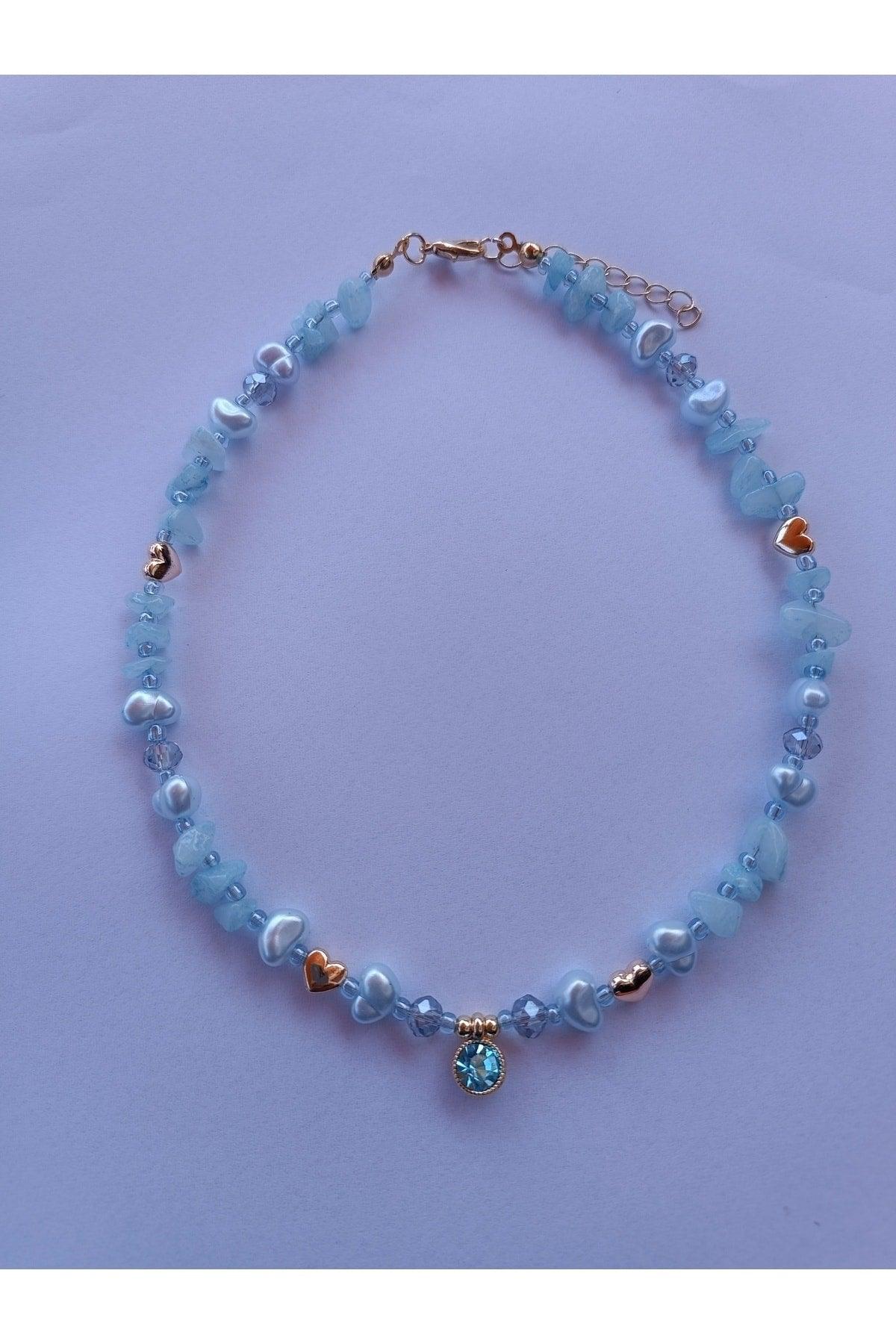 Aqua Marin Natural Stone Blue Glitter Heart Necklace - Swordslife