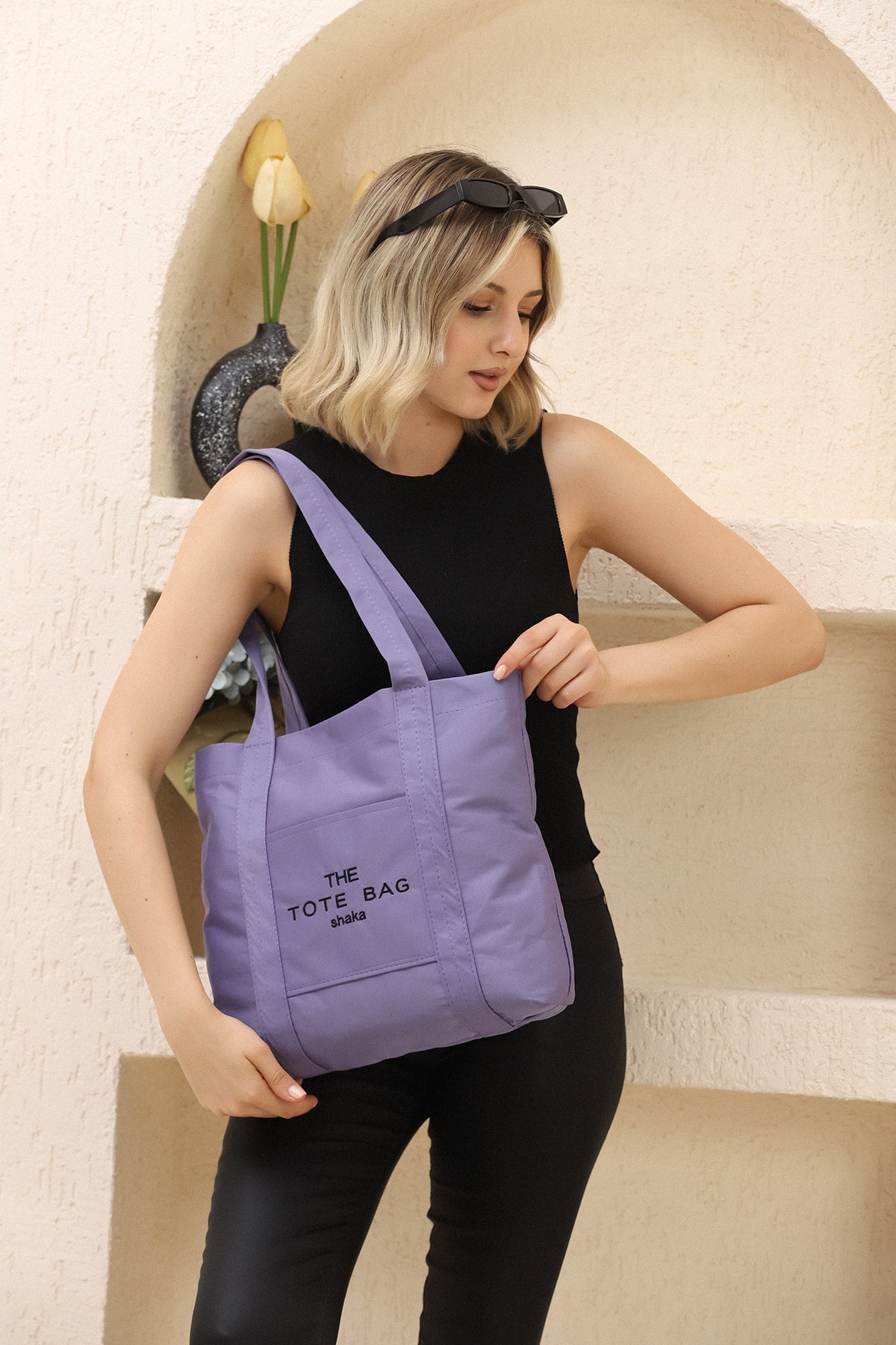 Lila U46 Druckknopfverschluss Vordertasche Detaillierte Tragetasche Bestickte Canvas Damen Arm- und Schultertasche U:30 E:
