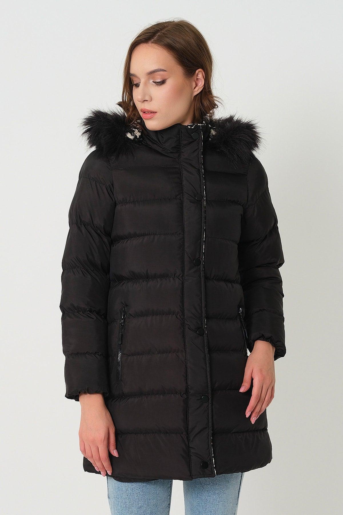 Women's Black White Fur Hooded Down Jacket - Swordslife