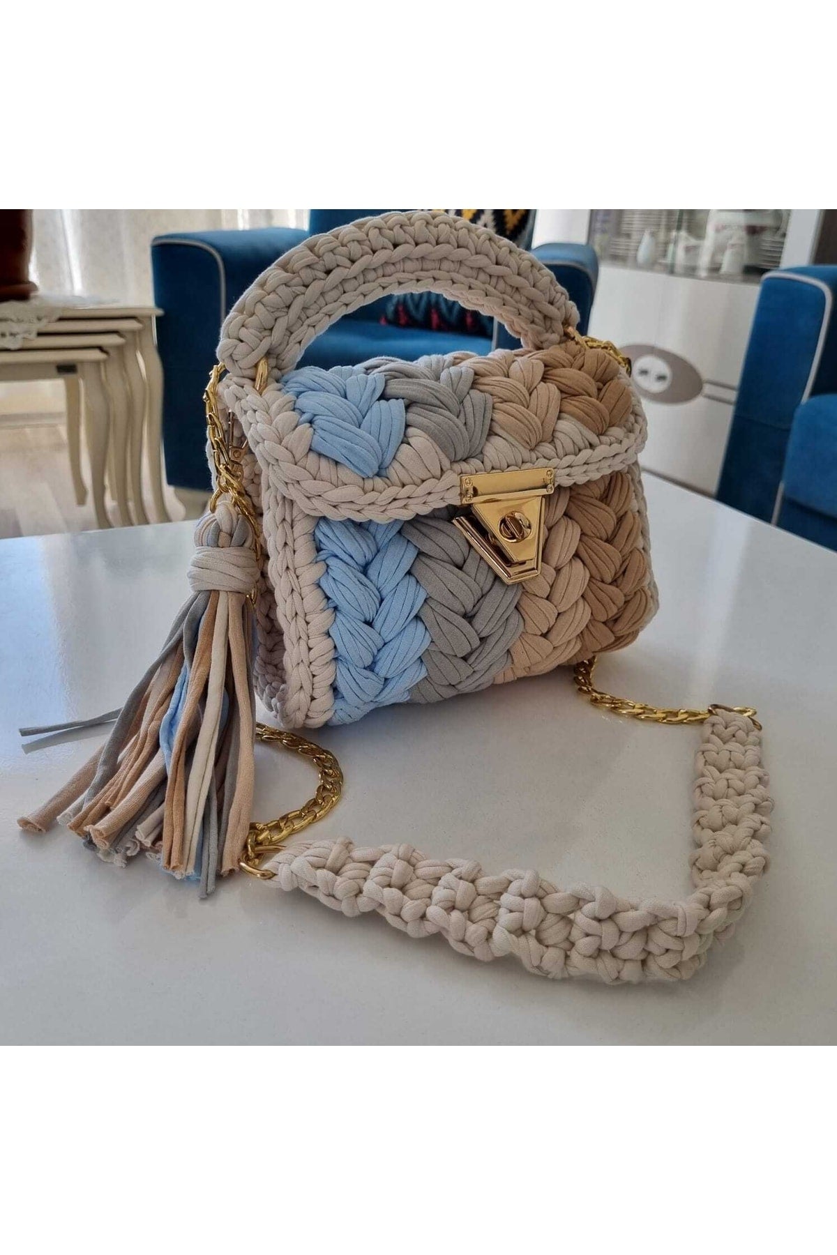 Buntes Erdnussmuster für Damen, handgefertigt, gehäkelte Tasche aus gekämmter Baumwolle und luxuriöse Hand-, Schulter- und Umhängetasche