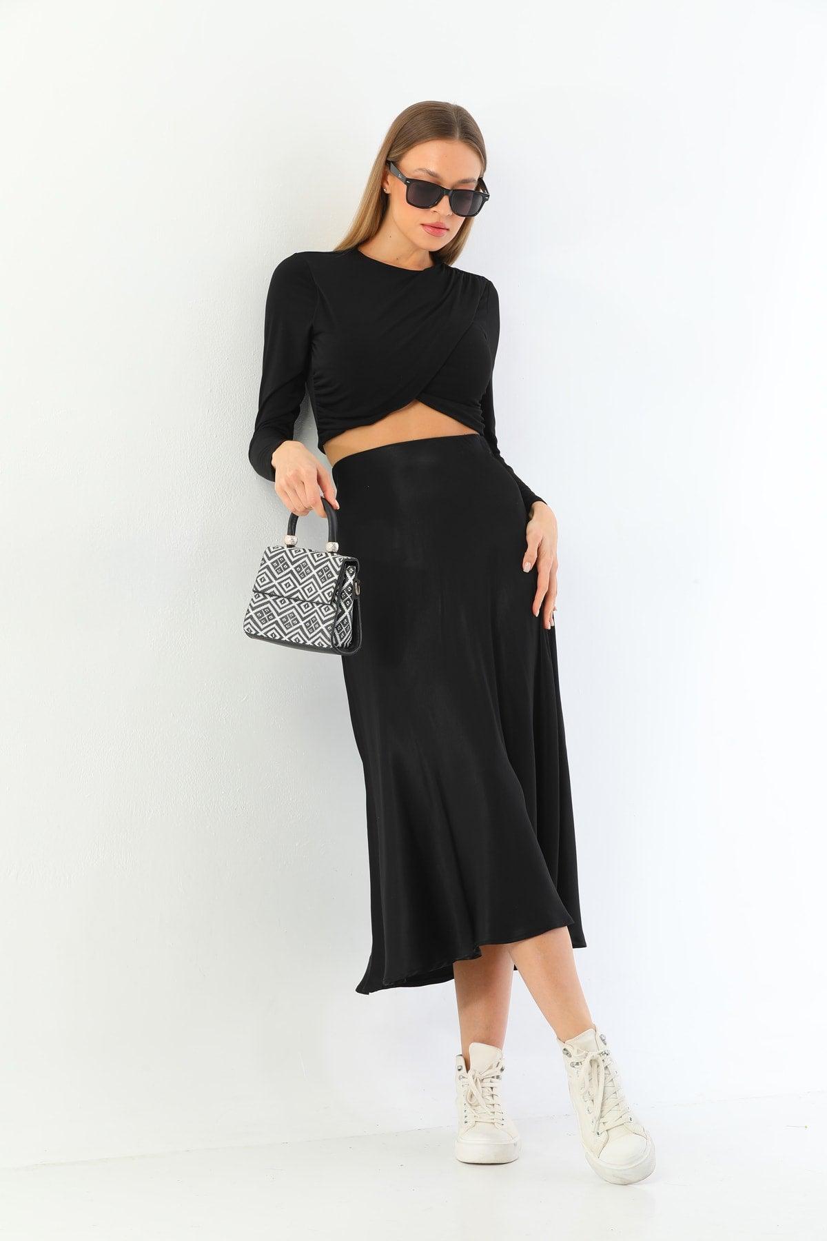 Black Viscose Satin Midi Skirt - Swordslife