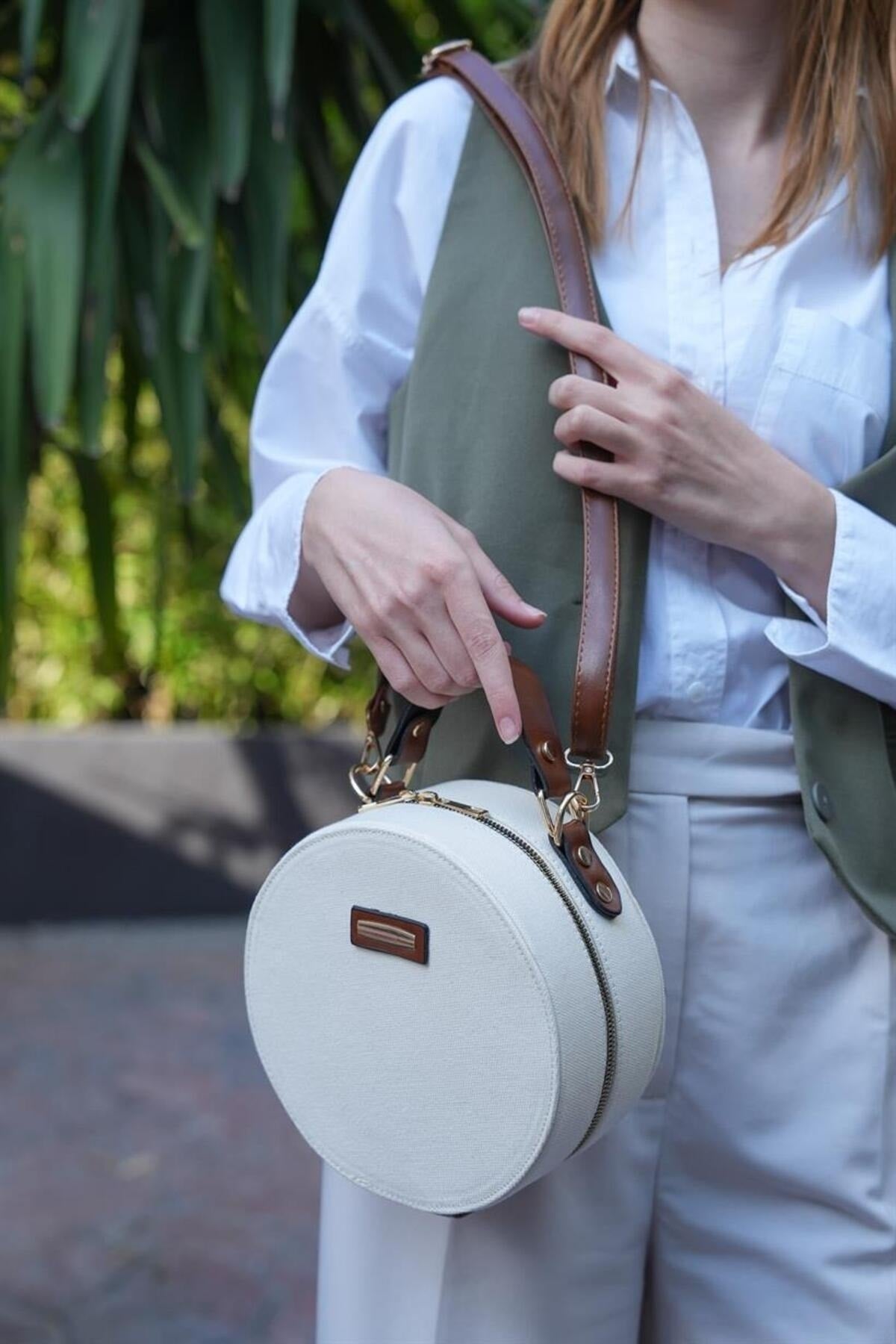 Canvas - Creme Tabak Damen Runde Umhängetasche