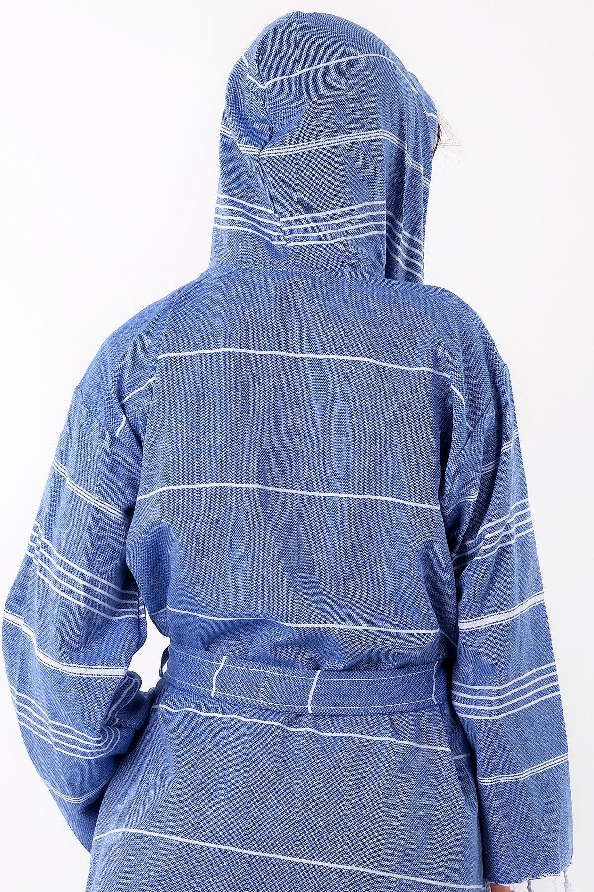 Sultan 100% Cotton Blue Color Hooded Peshtemal Bathrobe, Robe And Beach Dress - Swordslife