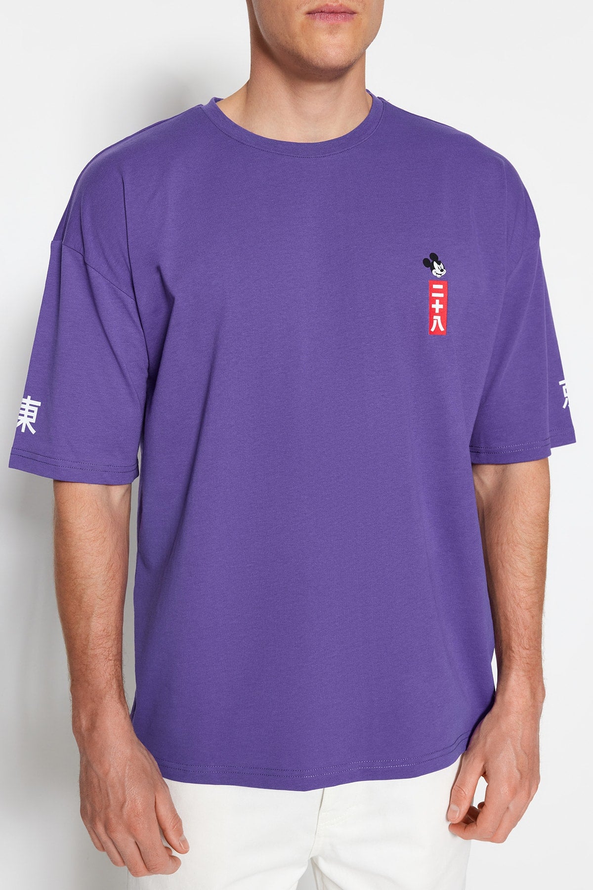 Purple Men'S Oversize Crew Neck Short Sleeve Printed Mickey Mouse Printed Licensed T-Shirt