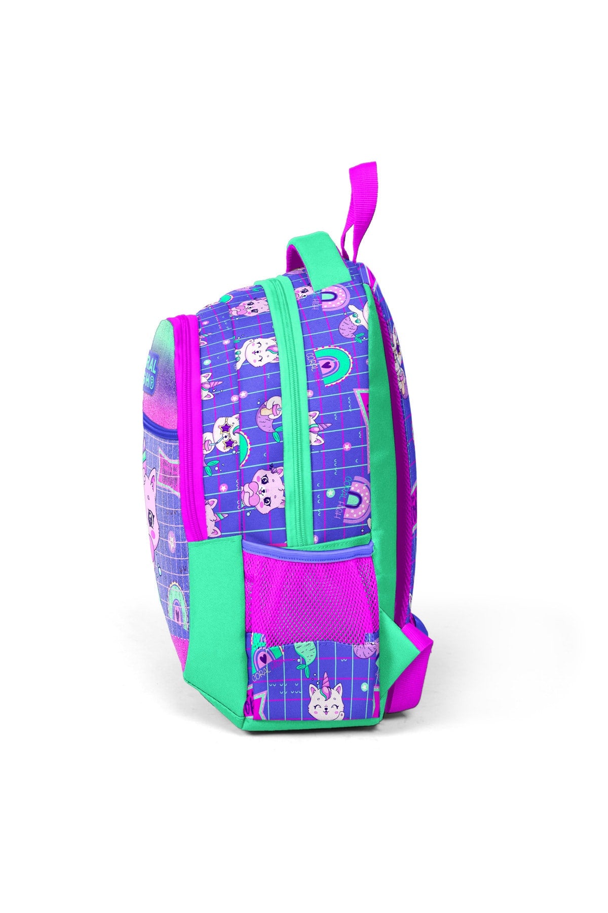 Wassergrüner, lavendelfarbener Schulrucksack für Kinder mit Einhorn- und Katzenmuster, drei Fächern, 23478