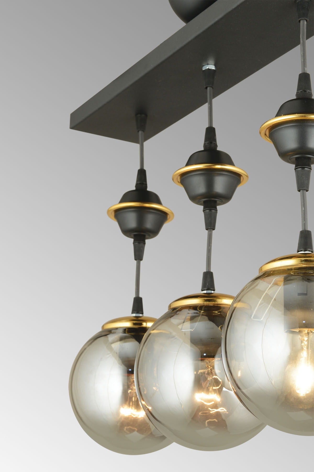 Row Of Black 3-Piece Smoked Globe Glass Pendant Lamp Luxury Chandelier